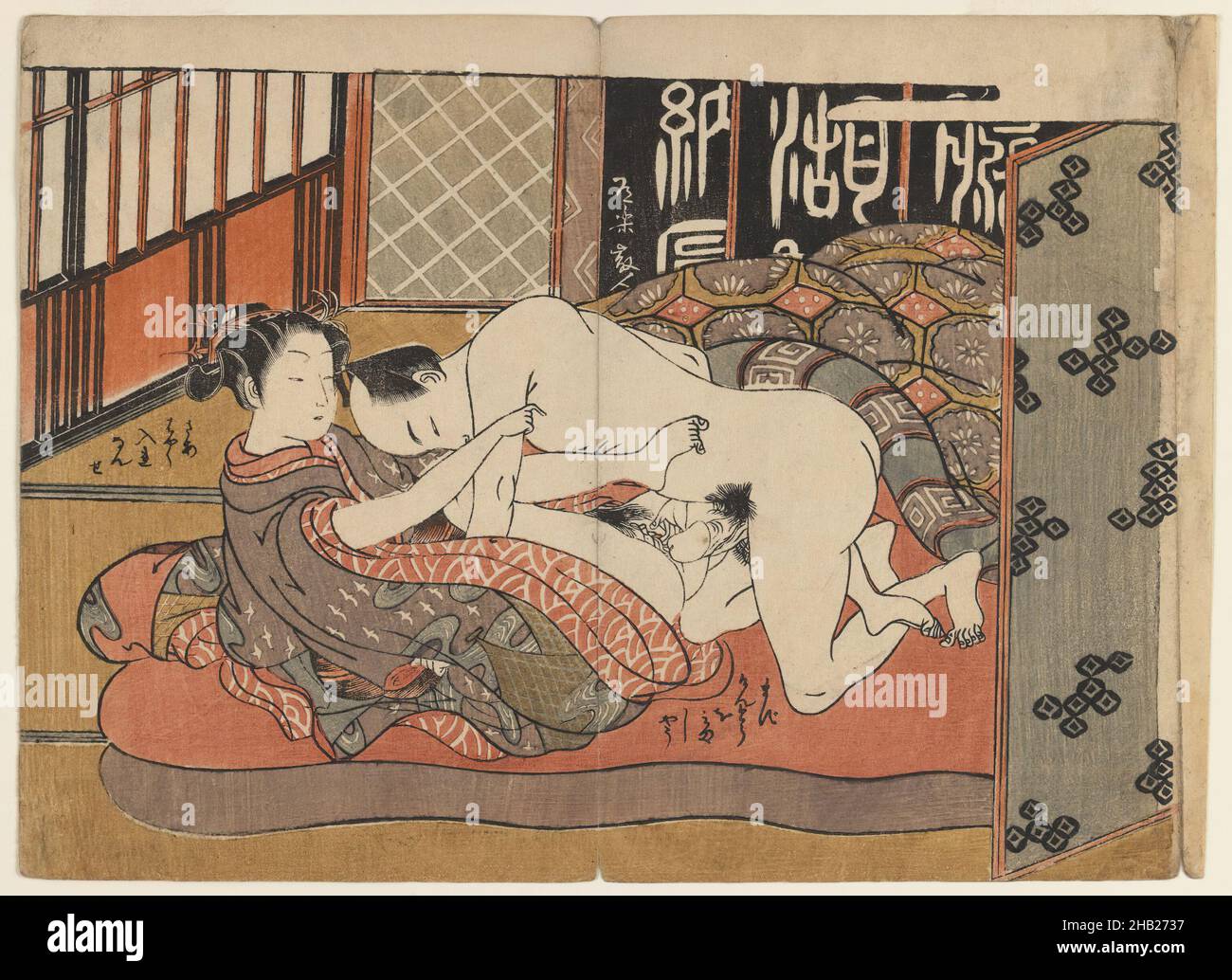 Amorous Couple, Isoda Koryusai, Japanese, ca. 1766-1788, Color woodblock print on paper, Japan, ca. 1770-1775, Edo period, 7 3/8 x 10 in., 18.7 x 25.4 cm, shunga Stock Photo