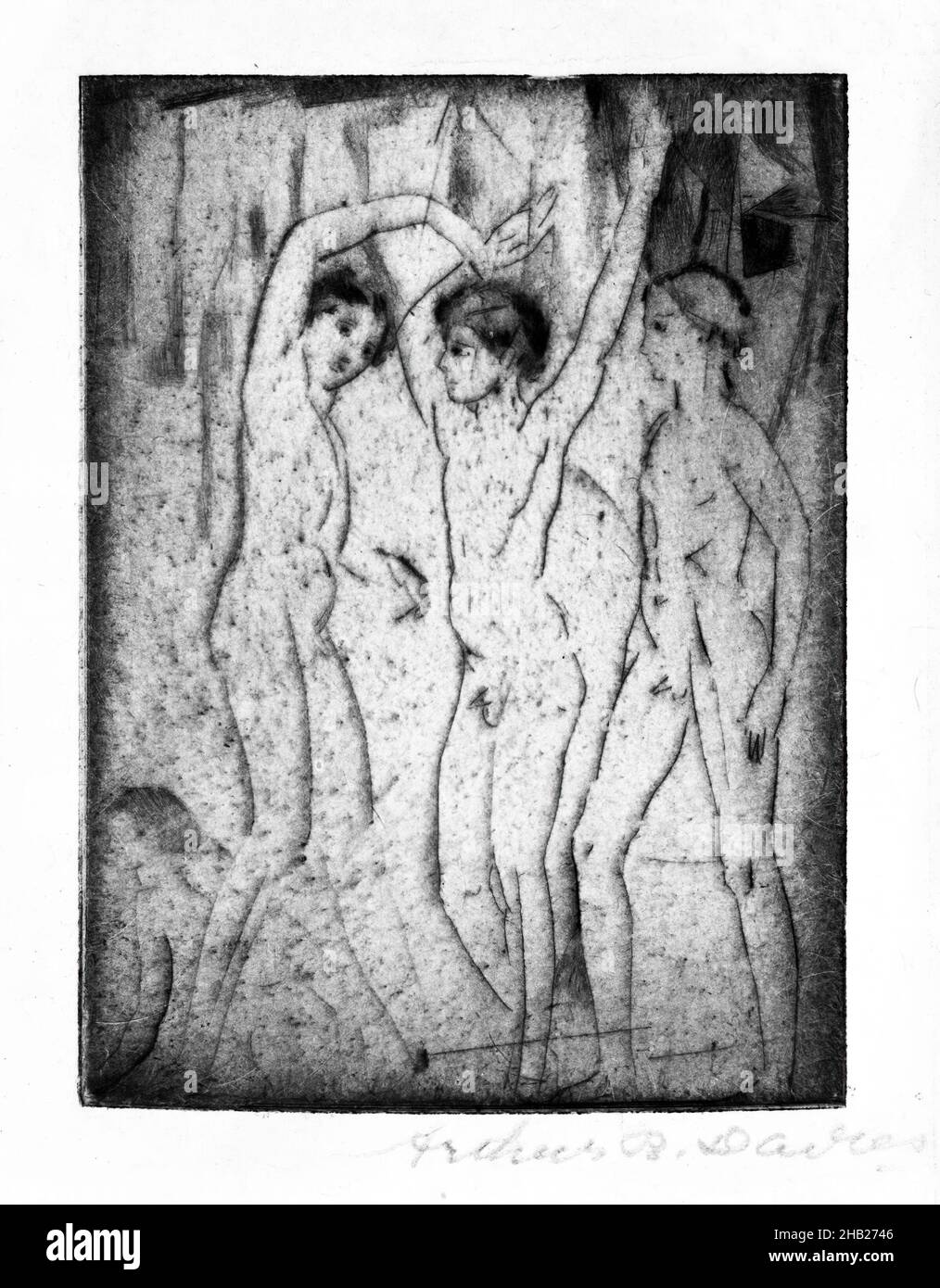 Three Boys, Arthur B. Davies, American, 1862-1928, Drypoint on laid paper, 1917, Sheet: 6 11/16 x 5 1/8 in., 17 x 13 cm Stock Photo