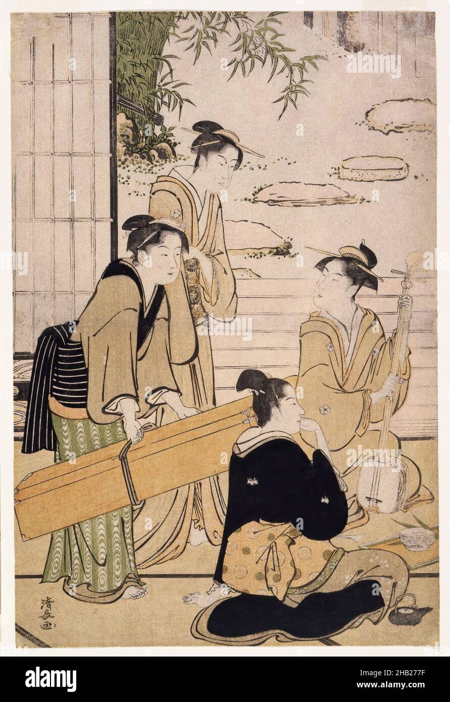 A Party in an Open Room Overlooking a Garden, from the series Contest of Contemporary Beauties of the Pleasure Quarters, Torii Kiyonaga, Japanese, 1752-1815, Color woodblock print on paper, Japan, ca. 1783-1784, Edo Period, 15 x 10 in., 48.0 x 25.5cm Stock Photo