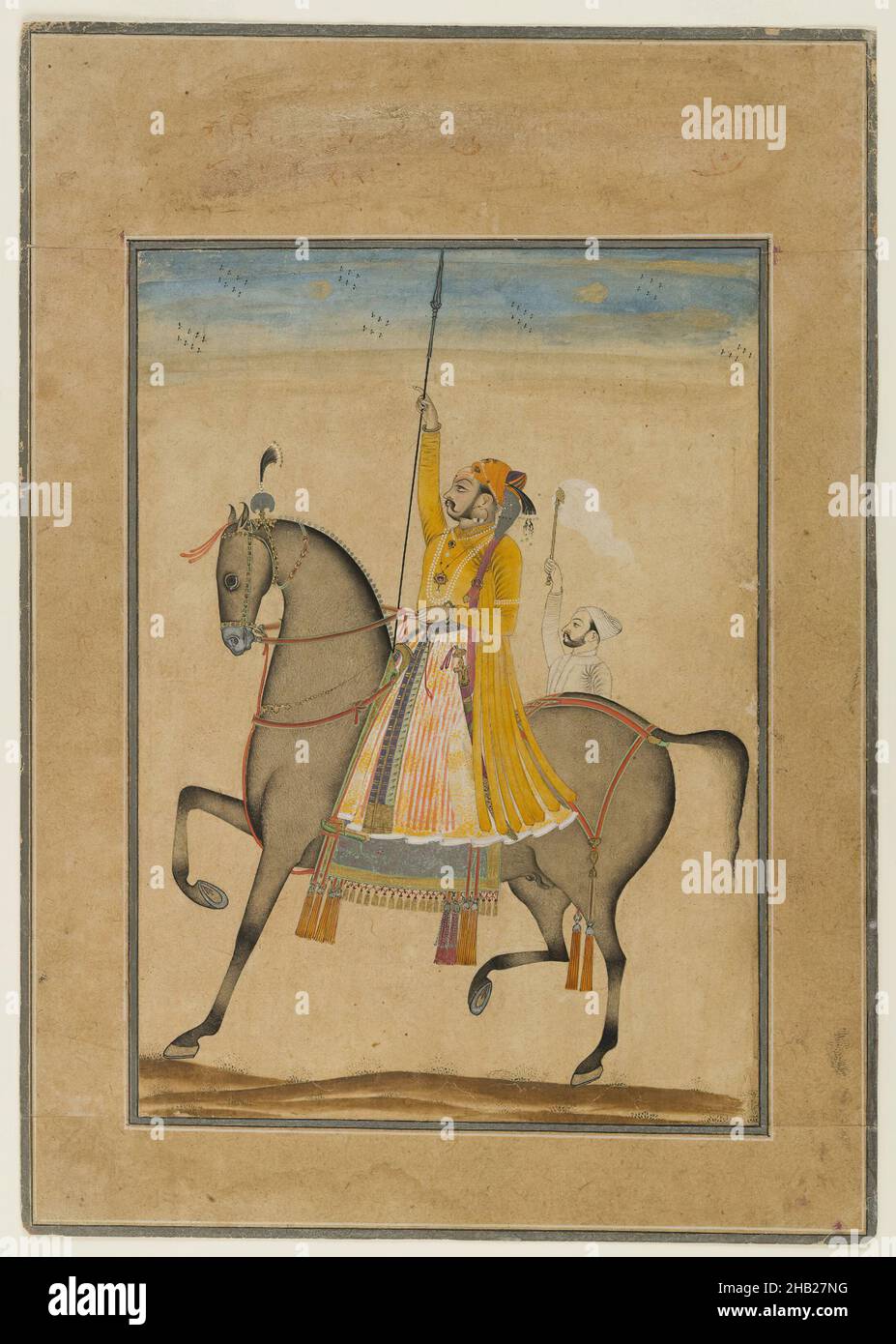 Equestrian Portrait of Maharaja Sujan Singh of Bikaner, Kasam, Son of Muhammad, Opaque watercolor, silver, and gold on paper, Rajasthan, India, ca. 1747, sheet: 11 1/2 x 8 1/8 in., 29.2 x 20.6 cm, Bikaner, Gold, horse, Kasam, Maharaja Sujan Singh, Paper, Portrait, Rajasthan, Silver, Sword, Watercolor Stock Photo