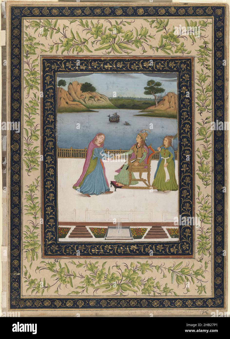 A Woman is Served Fruit on a Terrace, Indian, Opaque watercolors, gold and silver on paper, Lucknow, Oudh, India, ca. 1770, Mughal, 15 9/16 x 11 3/16in., 39.5 x 28.4cm, 18thC, Arabic, chair, dresses, food and drink, Fruit, Gold, lifestyle, Lucknow, Mughal, Nasta'liq, Oudh, Paper, protocol, Ship, Silver, Sultan 'Ali al-Mashhadi, Terrace, water, Watercolor, Woman Stock Photo