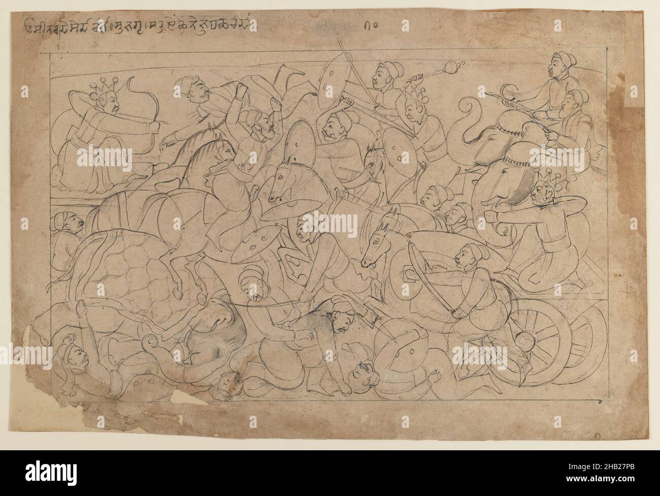 Line Drawing of a Battle Scene from a Bhagavata Purana Series, Indian, Attributed to Manaku, Indian, active c. 1725-1760, Ink on paper, Punjab Hills, India, ca. 1740-45, sheet: 8 5/8 x 12 3/4 in., 21.9 x 32.4 cm Stock Photo