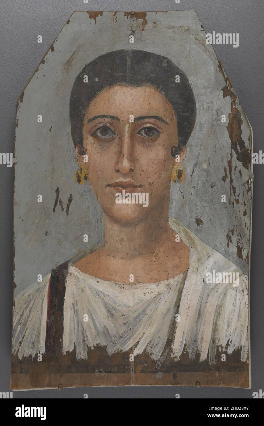 Noblewoman, Encaustic on wood, Egypt, ca. 150 C.E., Roman Period, 17 5/16 x 11 5/16 x 1/8 in., 44 x 28.7 x 0.3 cm, earrings, Egyptian, Encaustic, Encaustic on wood, fayoum portrait, Fayum Portrait, female, funerary, Mummy Portrait, nobility, part, portrait, Roman, woman Stock Photo