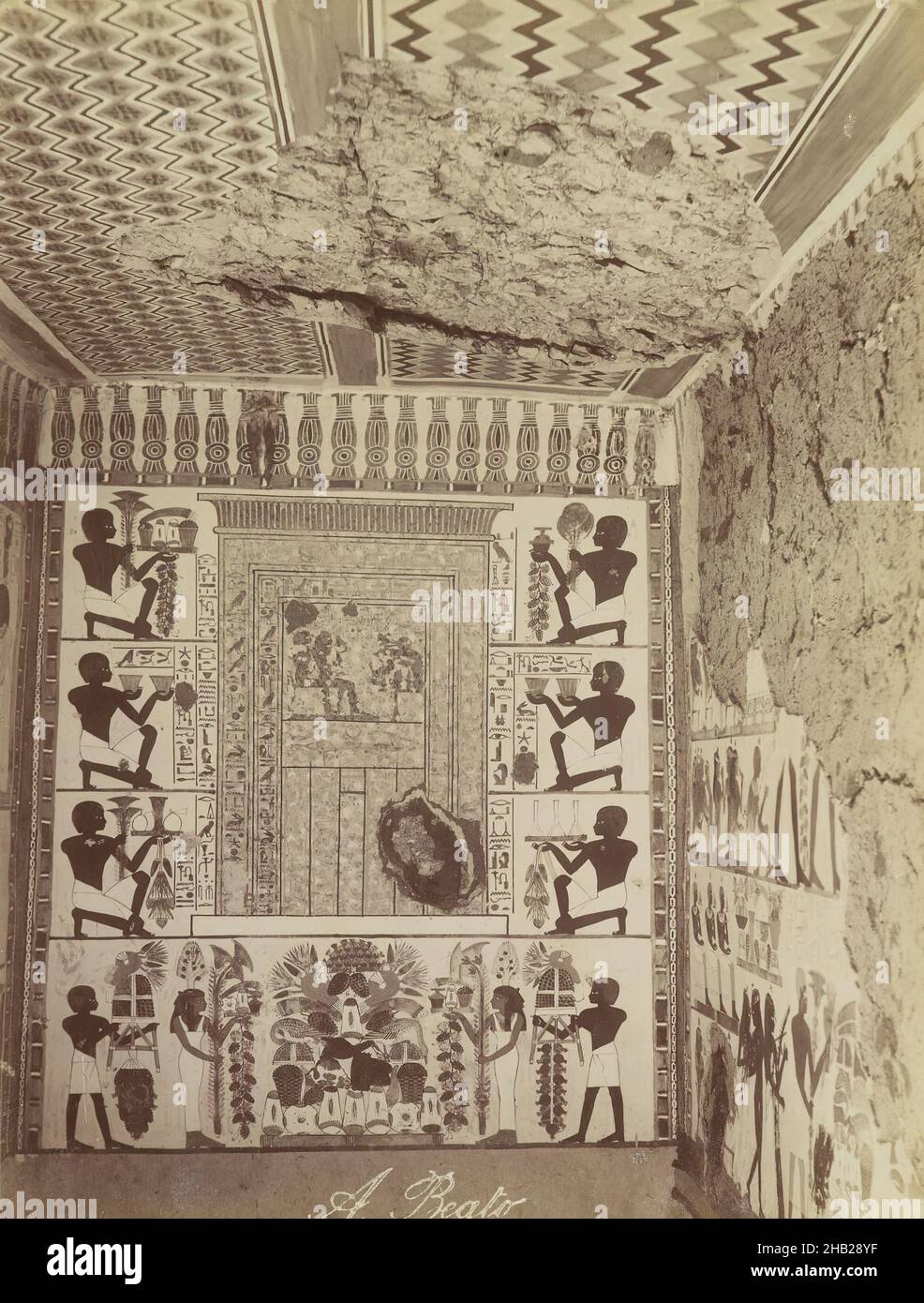 Tomb of Nakht at Thebes, View of painted wall and ceiling from tomb, Albumen silver photograph, late 19th century, image/sheet: 7 3/4 x 10 1/4 in., 19.7 x 26 cm, 18th Dynasty, 19th Century, Albumen silver photograph, Antonio Beato, Astronomer of Amun, Black and white, Egypt, Egyptian, False Door, Interior, Luxor, New Kingdom, Offering scene, Scribe, Theban Tomb No. 52, Thebes, Tomb of Nakht, Wall painting, wall paintings Stock Photo