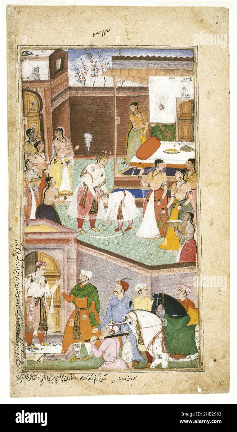 Gautama is Relieved to Find That His Son Chirakarin Has Not Carried Out His Impulsive Order to Execute Ahalya, Leaf from a Razmnama Manuscript, Mohan, Son of Banwari, Opaque watercolor and gold on paper, India, 1598-1599, Mughal, Sheet:12 x 6 13/16 in., 30.5 x 17.3 cm, begging, Chirakarin, courtyard, forgive, forgiveness, Gautama, Gold, horse, Hybrid, Leaf, Mahabharata, man, manuscript, Mughal, Muslims, Paper, people, Razm-nama, Shanti Parvan, son, watercolor Stock Photo