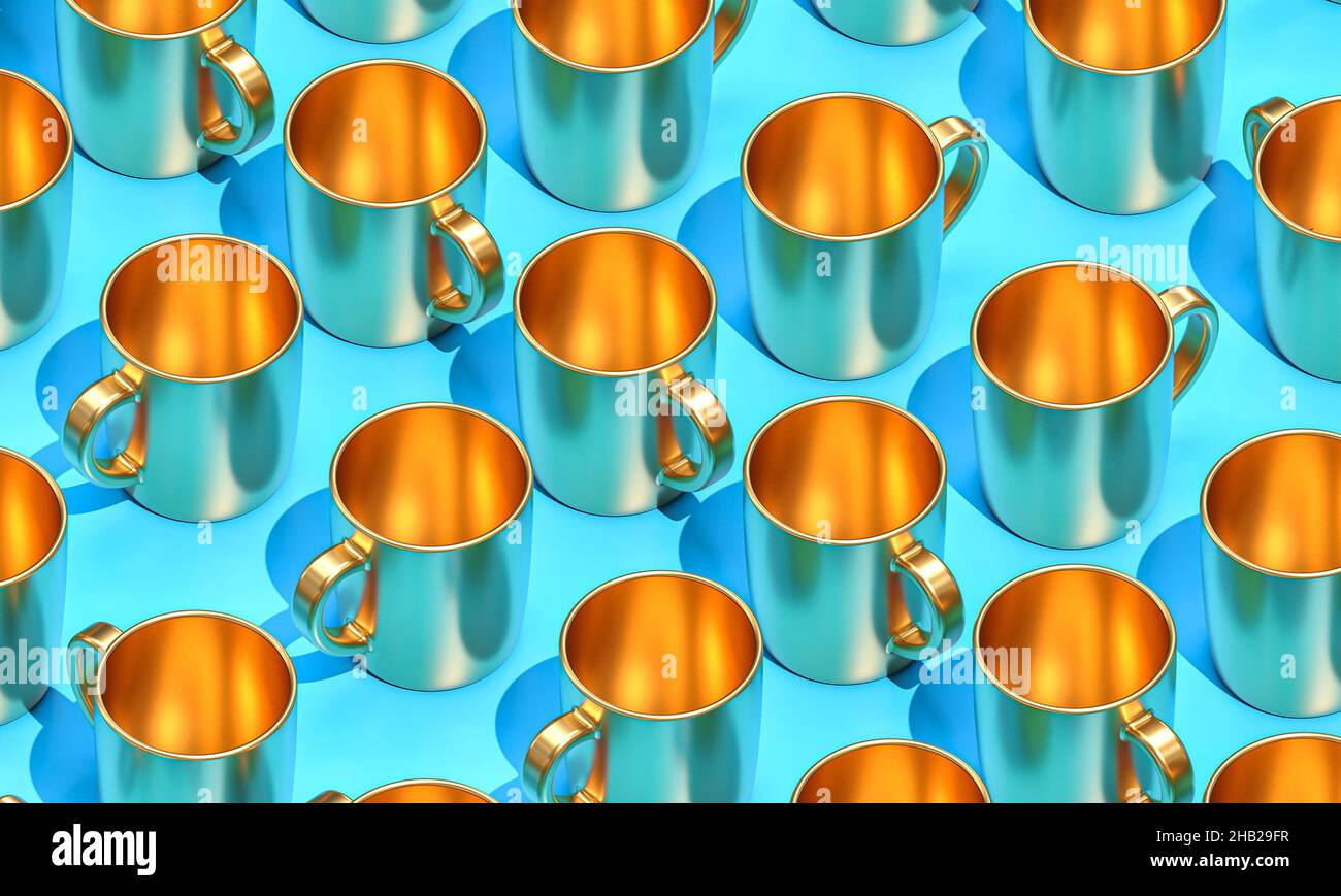 gold-colored metallic mugs on a light blue background. 3d render Stock Photo
