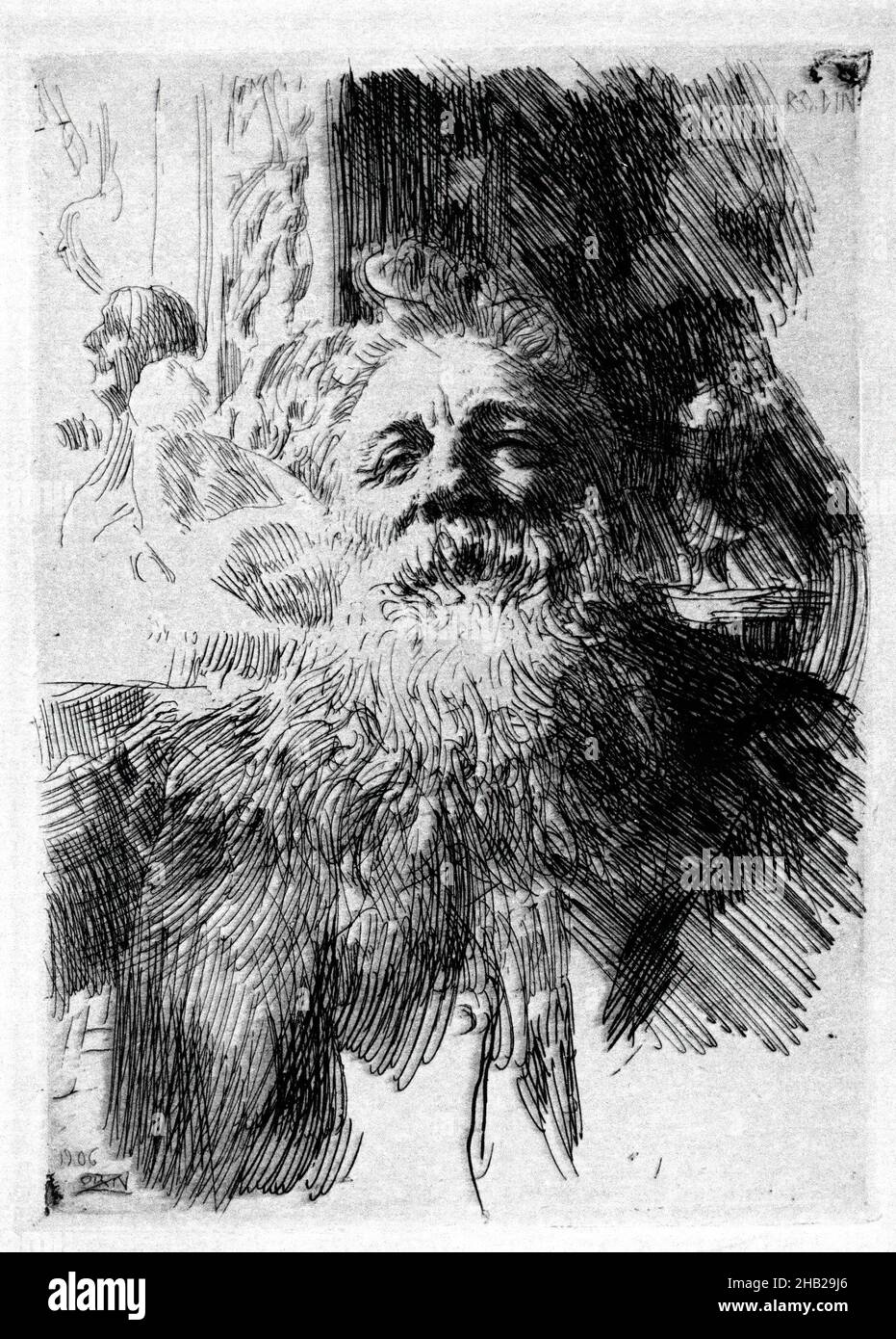 Auguste Rodin, Anders Zorn, Swedish, 1860-1920, Etching on laid paper, 1906, Image: 8 3/8 x 6 1/8 in., 21.2 x 15.5 cm, artist portrait, Belle Époque, portrait of an artist Stock Photo