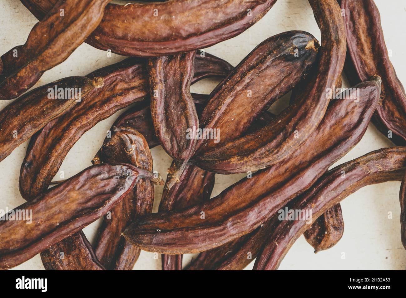 Harvesting mature carobs near their tree Stock Photo Alamy