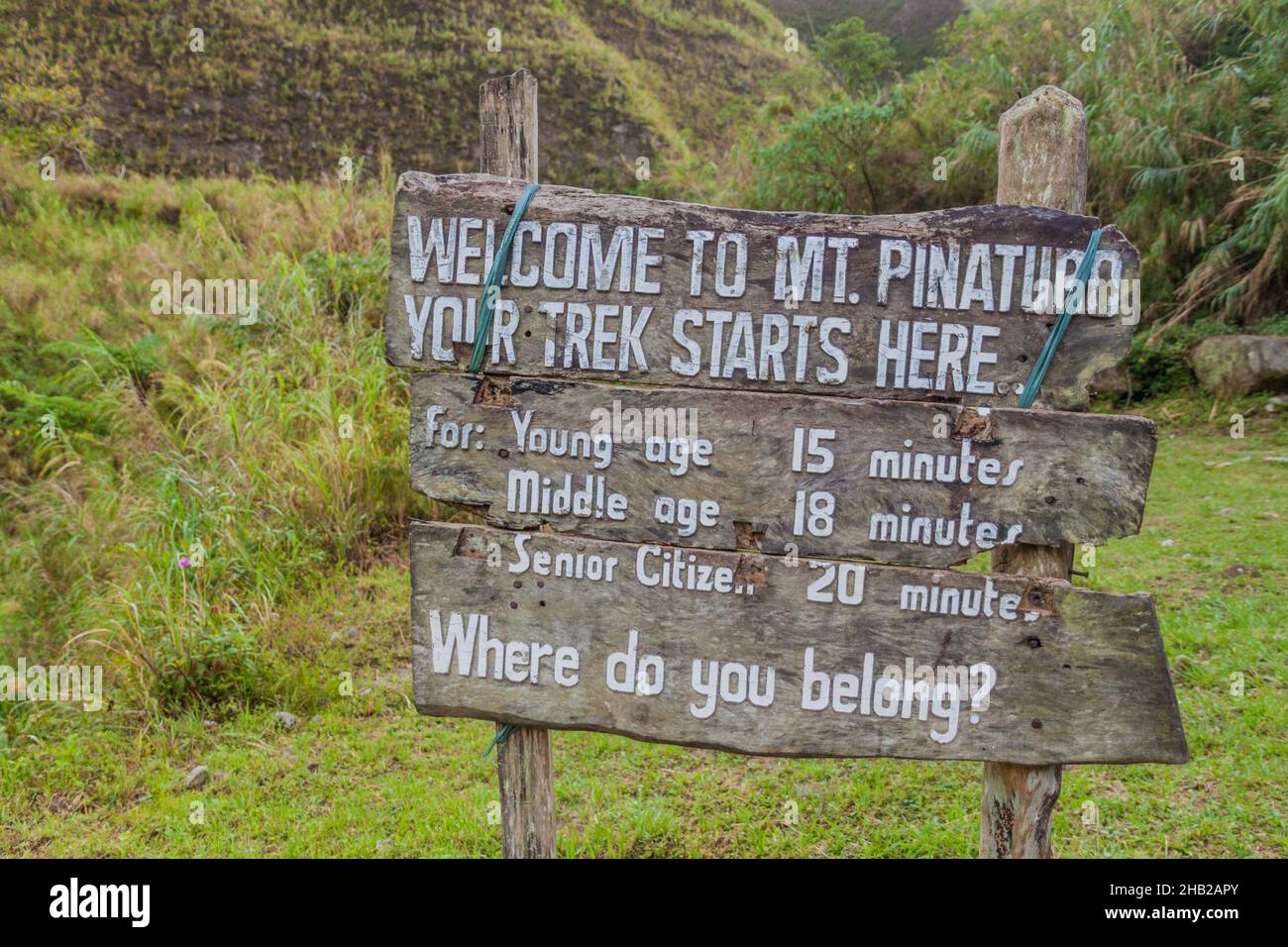 Wooden tourist information sign at Pinatubo volcano. Stock Photo