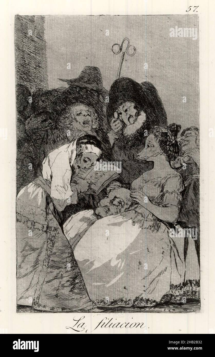The Filiation, La Filiacion, Los Caprichos, Plate 57, Francisco de Goya y Lucientes, Spanish, 1746-1828, Etching and aquatint on laid paper, Spain, 1797-1798, Sheet: 11 7/8 x 8 in., 30.2 x 20.3 cm, figures Stock Photo