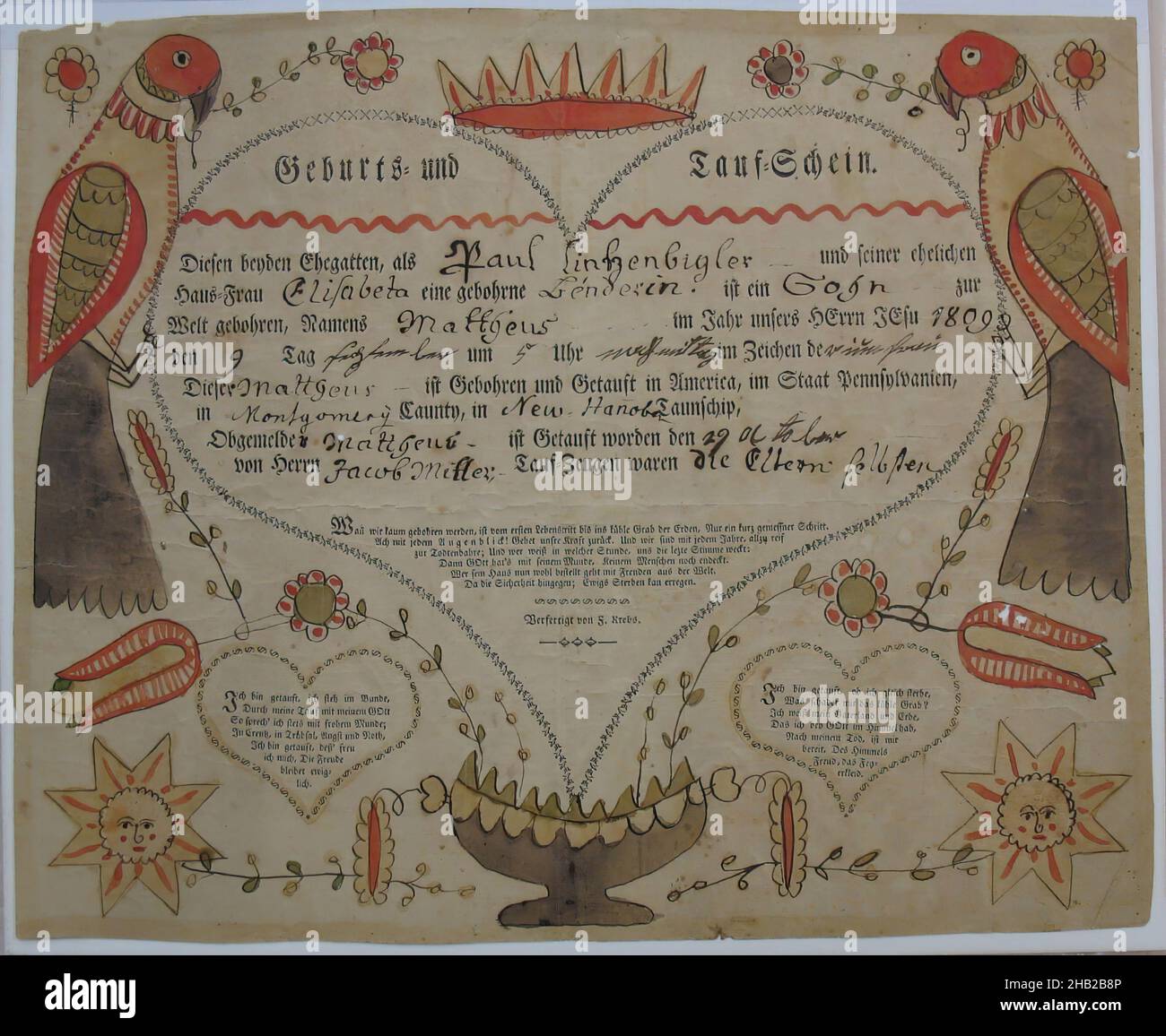 Pennsylvania-Dutch Birth Certificate for Matthew Linkzenbigler, American, Woodcut with hand-painted decorations and inscriptions in ink and watercolor on paper, 1809, sheet: 12 3/8 x 15 1/4 in., 31.4 x 38.7 cm Stock Photo