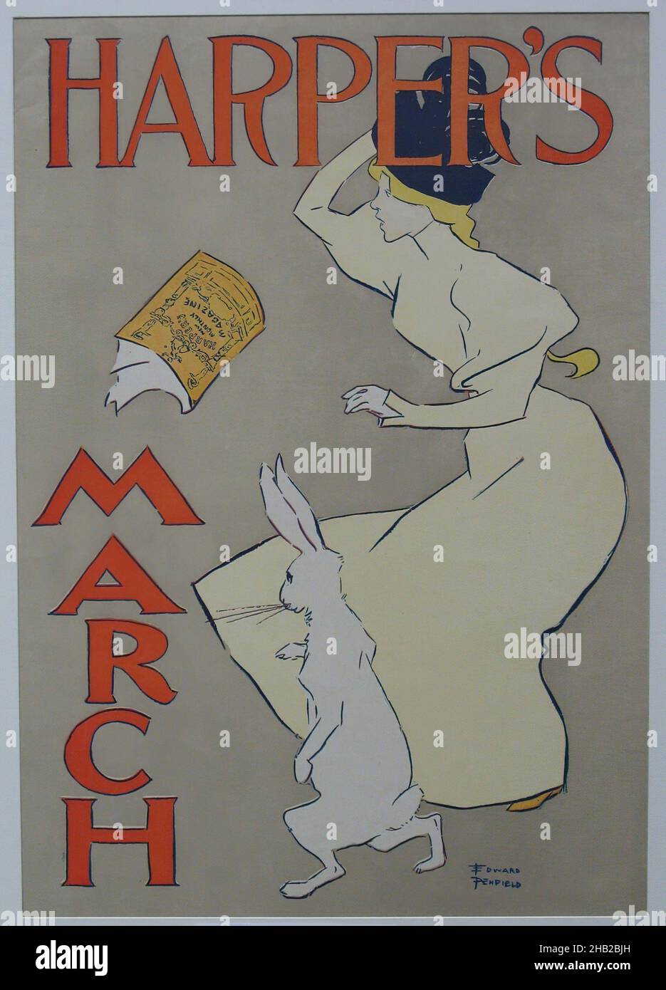 Harper's Poster - March 1895, Edward Penfield, American, 1866-1925, Lithograph on wove paper, 1895, Sheet: 19 1/4 x 13 7/8 in., 48.9 x 35.2 cm, book, bunny, dress, fin de siecle, hat, rabbit, style, windy, woman, women and books Stock Photo