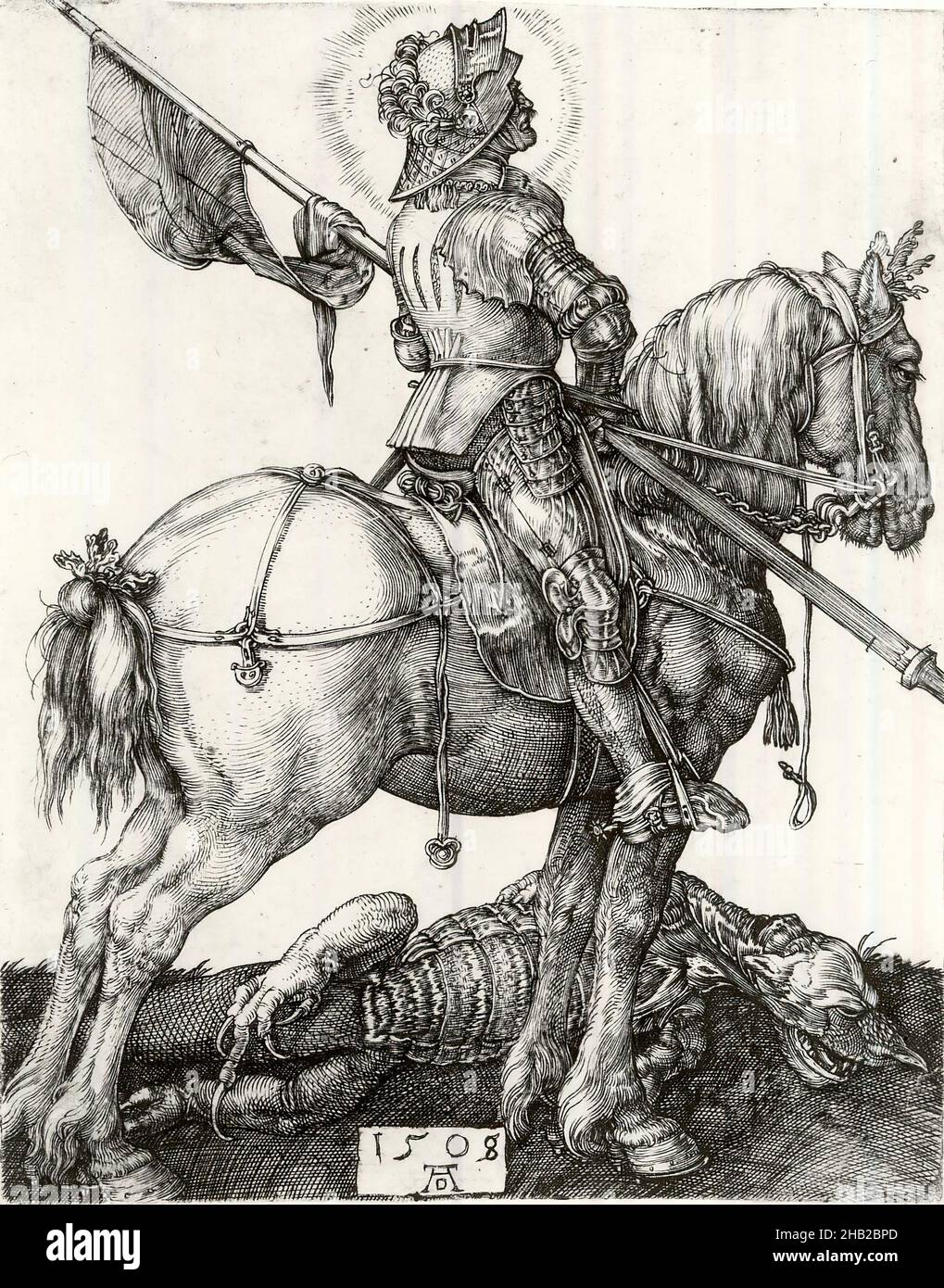 Saint George and the Dragon, Albrecht Dürer, German, 1471-1528, Engraving on laid paper, 1508, 4 1/4 x 3 3/8 in., 10.8 x 8.6 cm, crusader, dragon, flag, halo, horse, knight, powerful, slayer, victorious, war Stock Photo