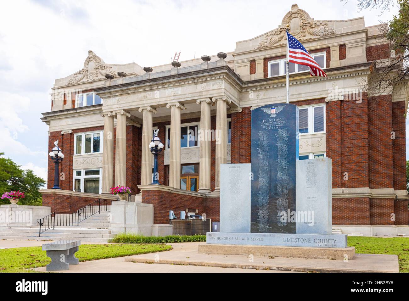 Groesbeck, Texas, USA August 17, 2021 The Limestone County Courthouse and its War Memorial
