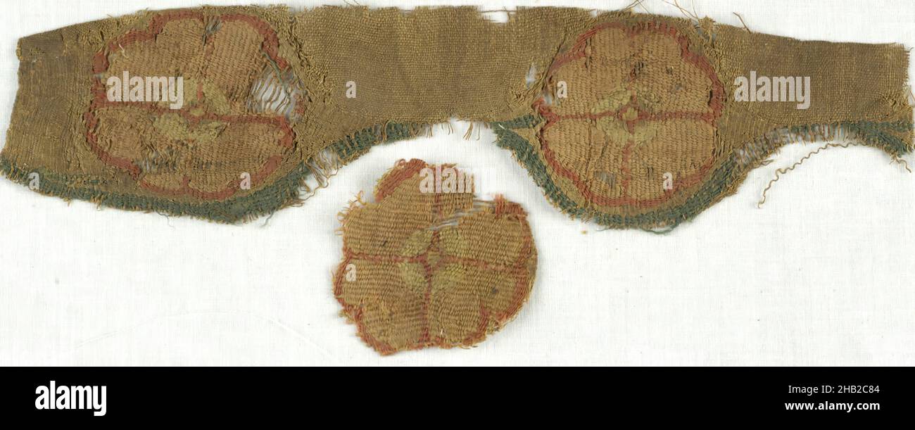 Fragment with Botanical Decoration, Coptic, Wool, linen, 5th-7th century C.E., Late Antique Period, 64.114.269a: 2 5/8 × 11 in., 6.6 × 28 cm, Coptic, Coptic Period, Egypt, Egyptian, Flower, Fragment, Roundels, Tapestry, Three Stock Photo