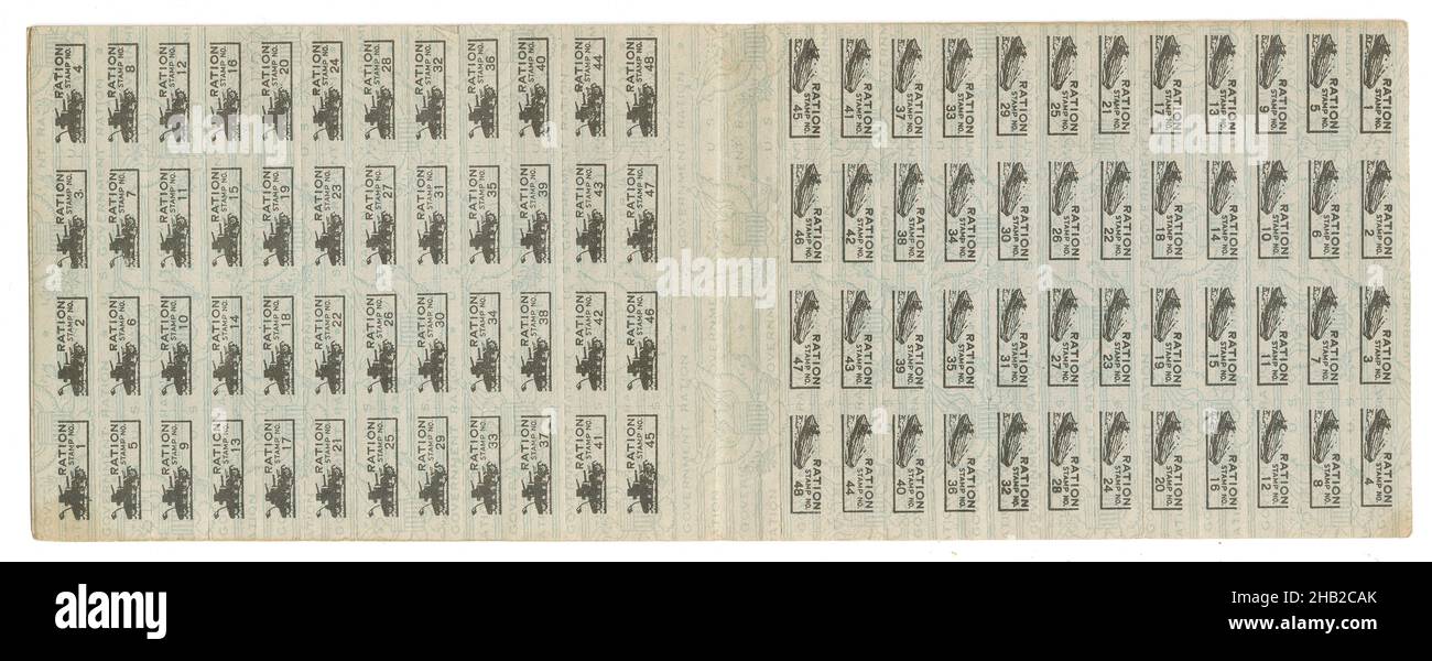Antique stamps in a 1943 War Ration Book No. 3, form R-130 from the Office of Price Administration of the United States government. SOURCE: ORIGINAL BOOK Stock Photo