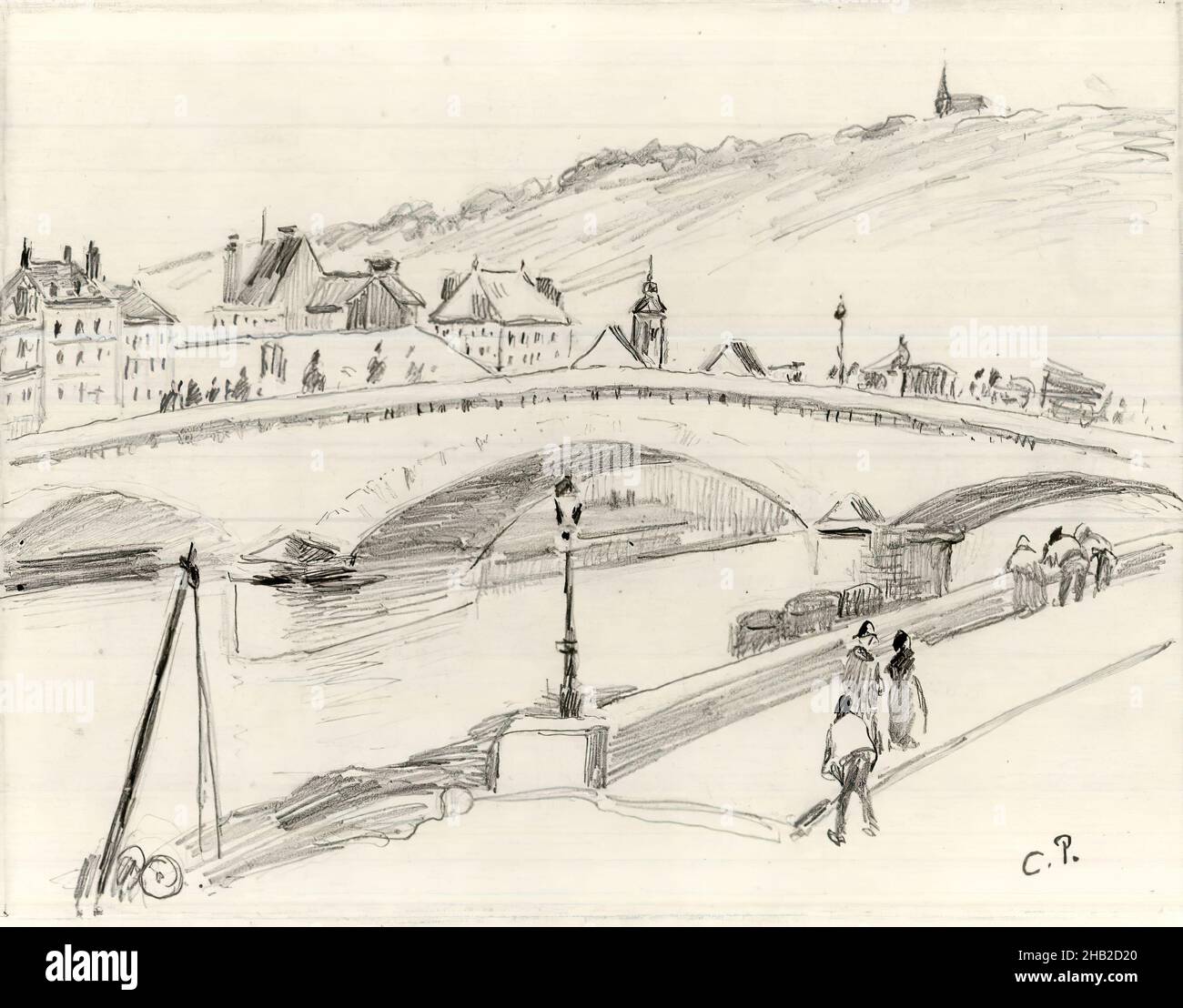 Stone Bridge, Rouen, Pont de Pierre, Rouen, Camille Jacob Pissarro, French, 1830-1903, Pencil on light wove paper, France, 1883, Sheet: 7 1/2 x 8 7/8 in., 19.1 x 22.5 cm Stock Photo