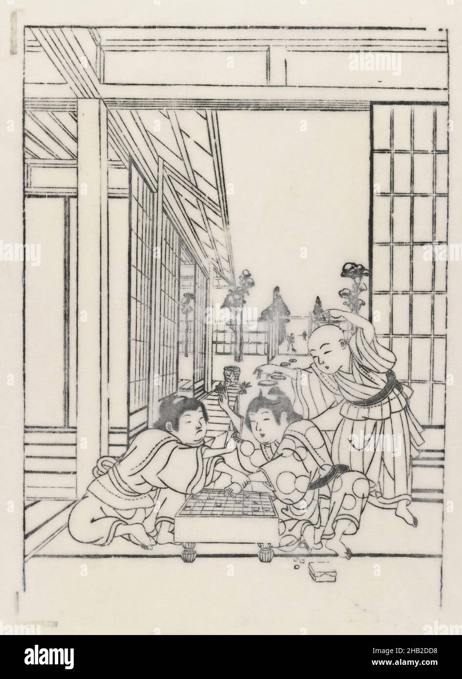 Two Boys Playing Shogi with a Third Observer, Woodblock print, Japan, 18th century, Edo Period Stock Photo