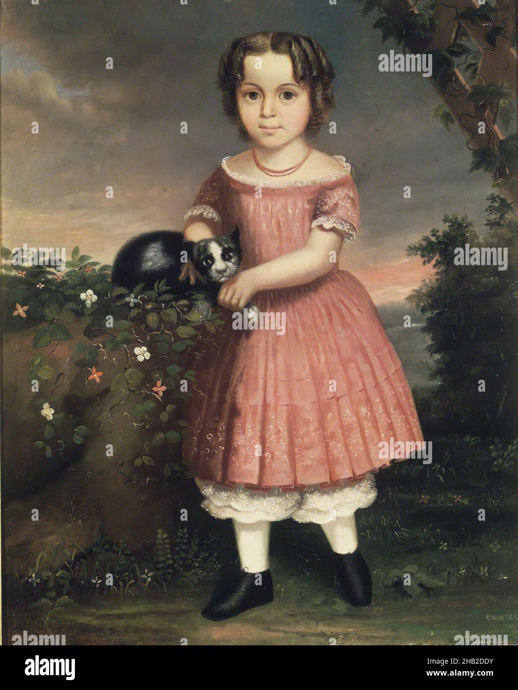 Portrait of a Child Holding a Cat, Probably Charles Winter, American, born ca. 1825, Oil on canvas, 1851, 36 3/16 x 29 1/8 in., 91.9 x 73.9 cm, American, black cat, bloomers, Cane Acres Plantation House, cat, cats, Charles Winter, childhood, domestic cat, early American, feline, kitten, little girl, oil painting, pet, petticoat, portrait, ringlets Stock Photo
