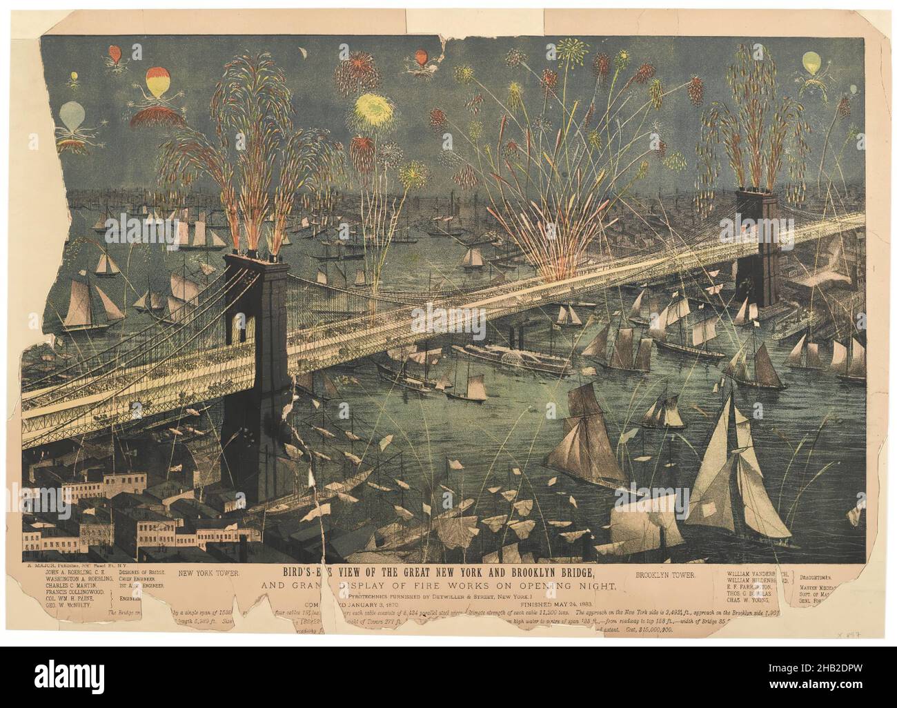 Bird's-Eye View of the Great New York and Brooklyn Bridge and Grand Display of Fire Works on Opening Night, American, Lithograph on paper, 1883, sheet: 18 1/8 x 25 1/2 in., 46 x 64.8 cm Stock Photo