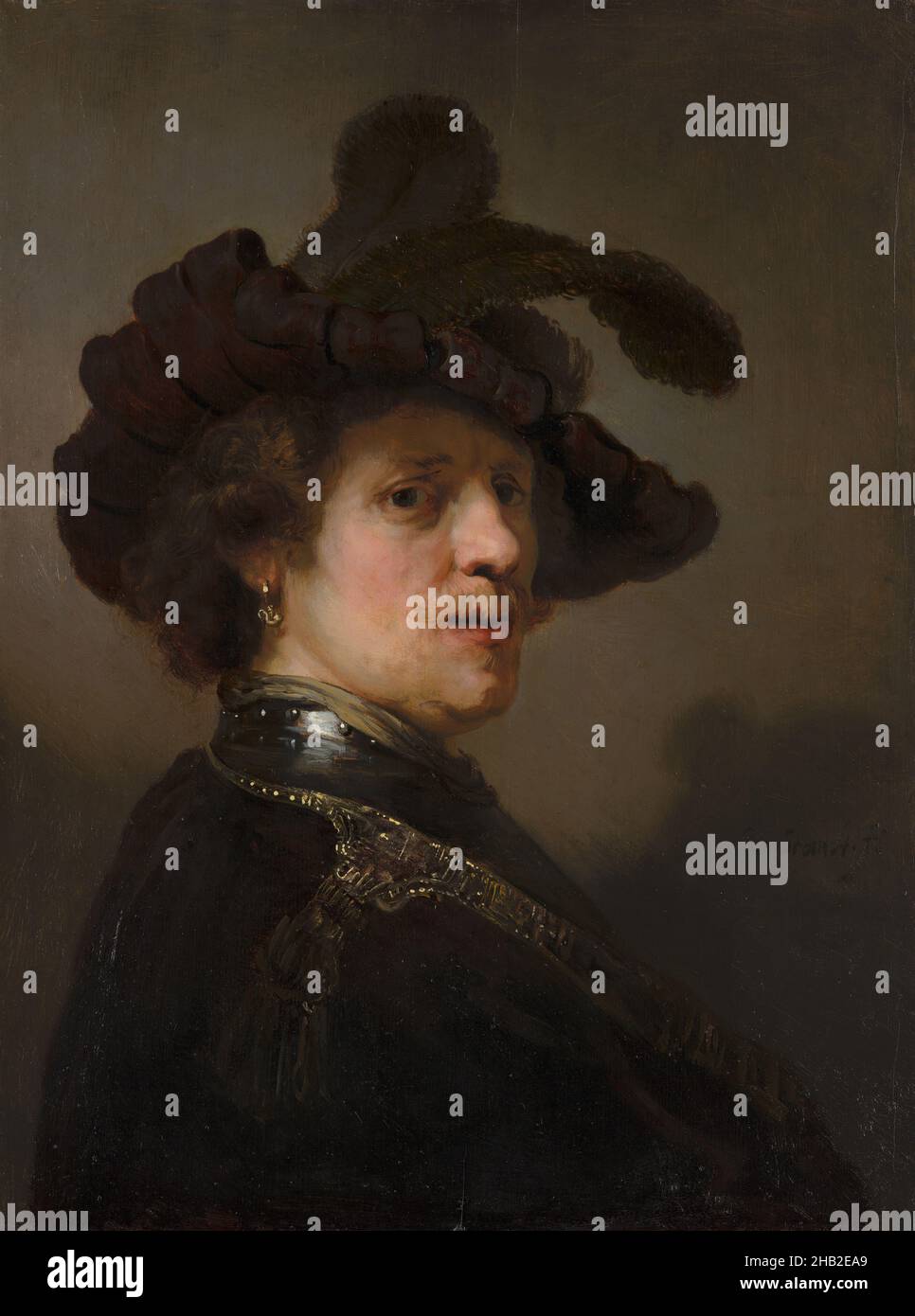 Tronie of a man with a feathered beret, Rembrandt van Rijn, c. 1635 - 1640 Stock Photo