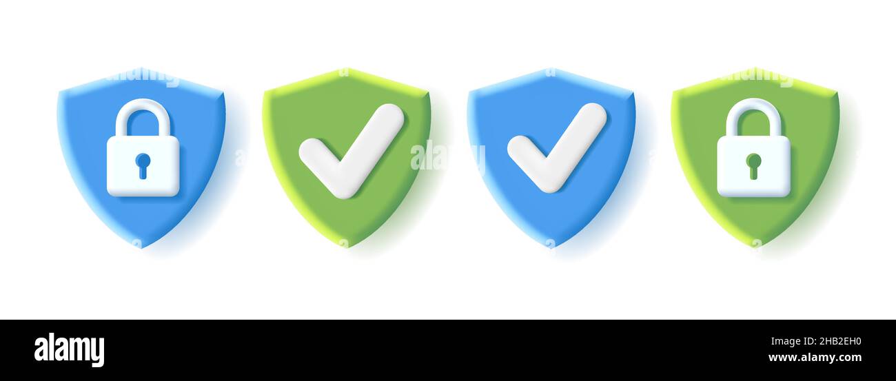 Set of security icons with 3d shield shape with tick sign and padlock ...