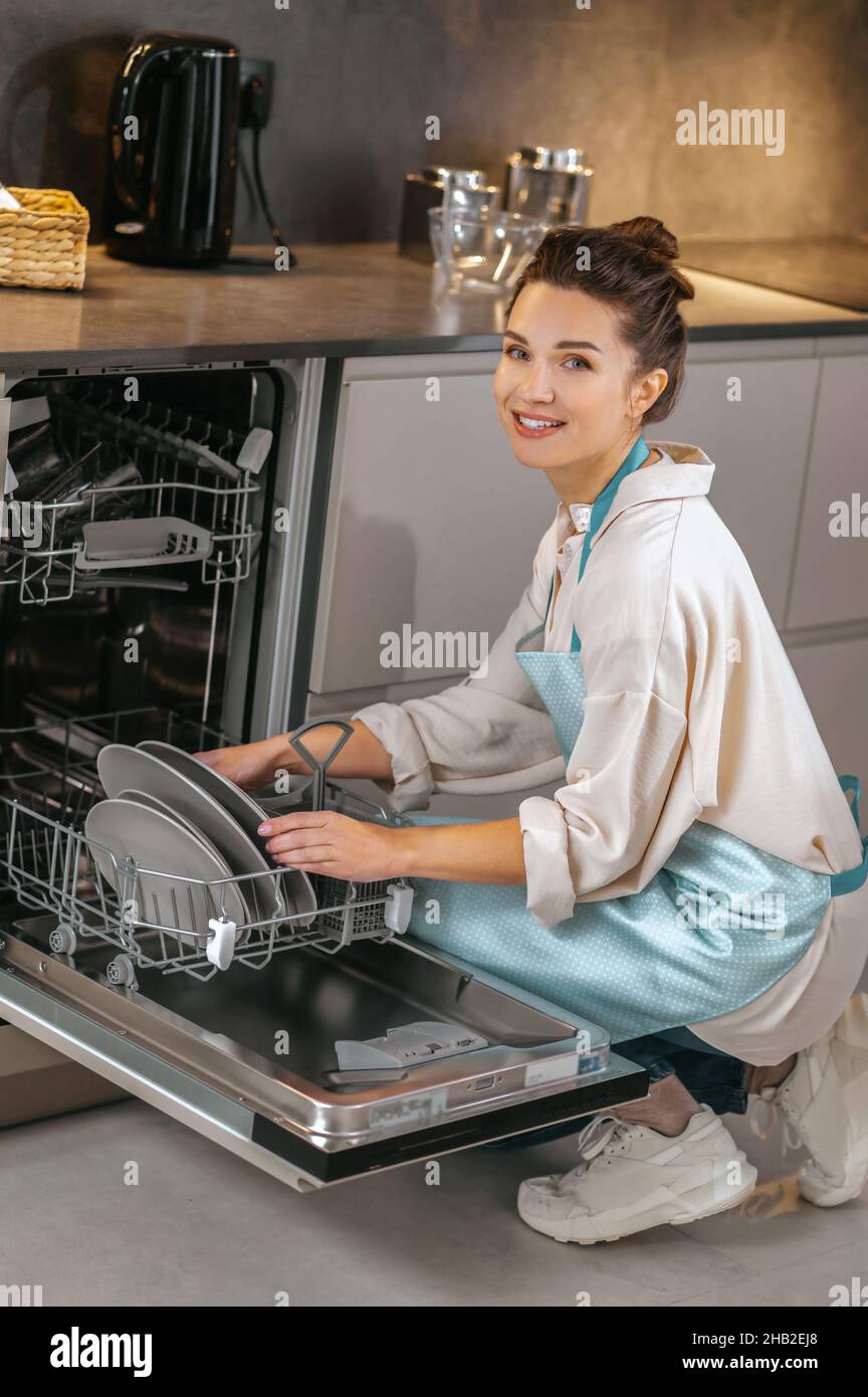 Housewife washing plates in the dishwasher Stock Photo