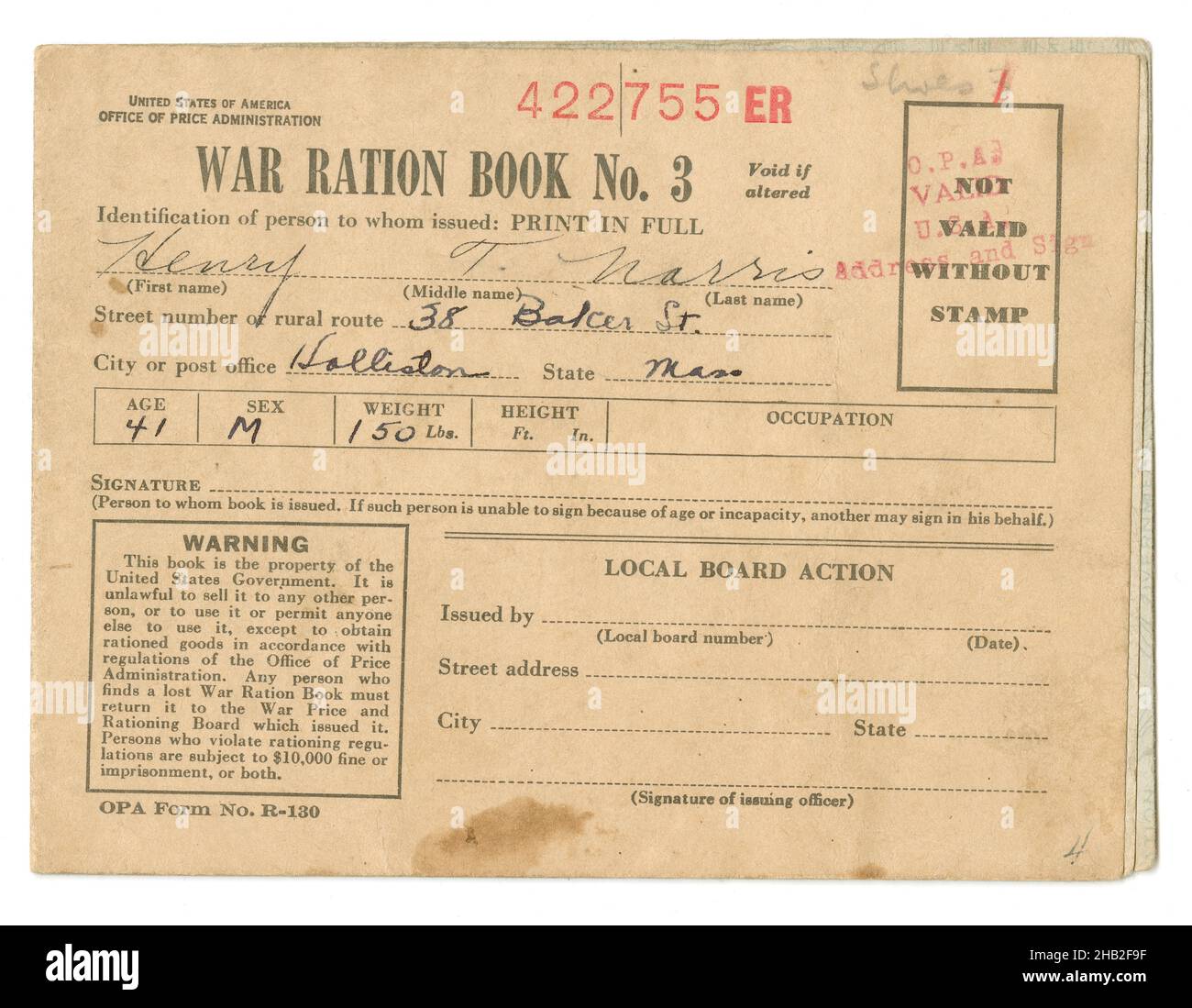 Antique 1943 War Ration Book No. 3, form R-130 from the Office of Price Administration of the United States government. SOURCE: ORIGINAL BOOK Stock Photo