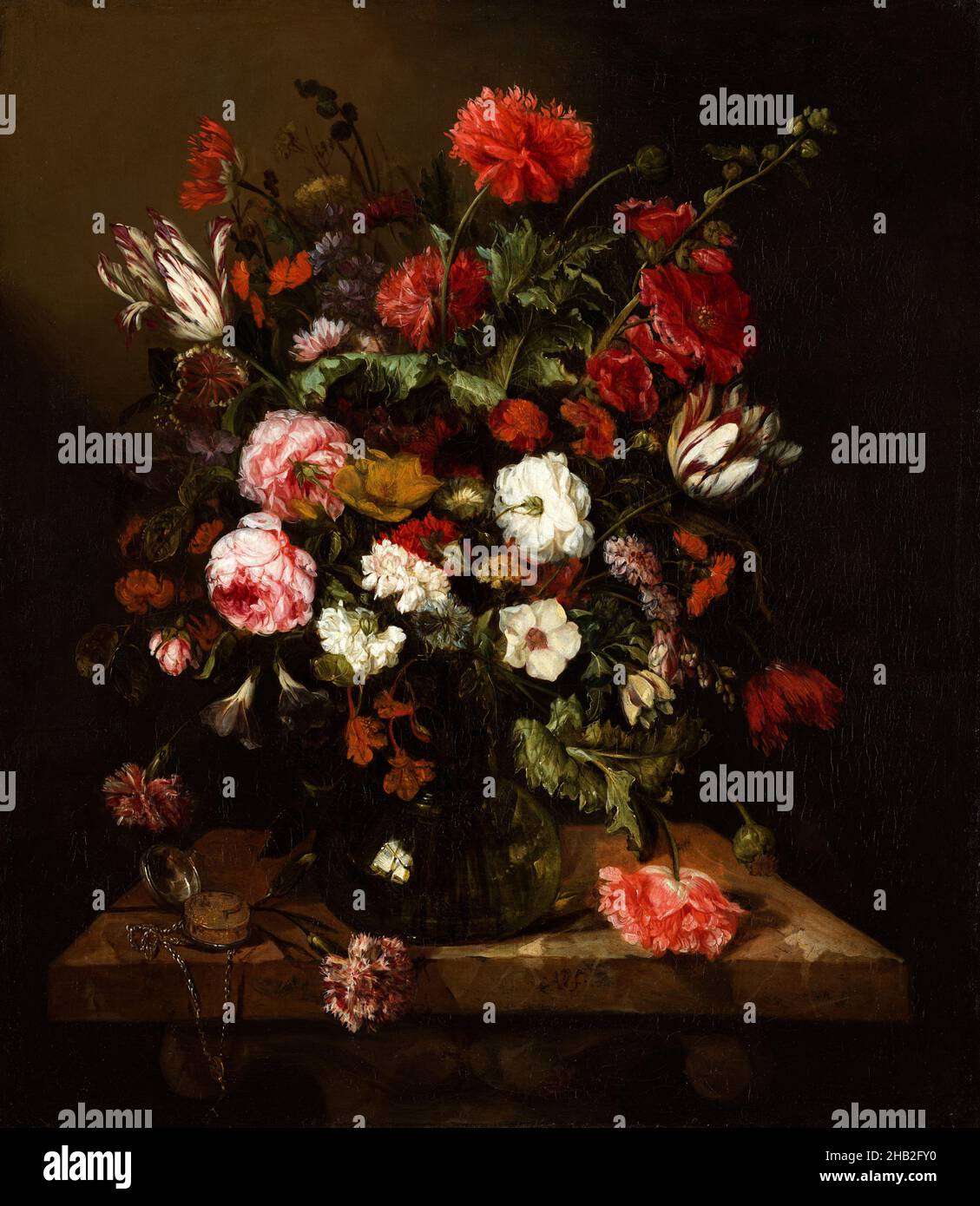 Flower still life with a watch, Abraham van Beyeren, c. 1663 - 1665 Stock Photo
