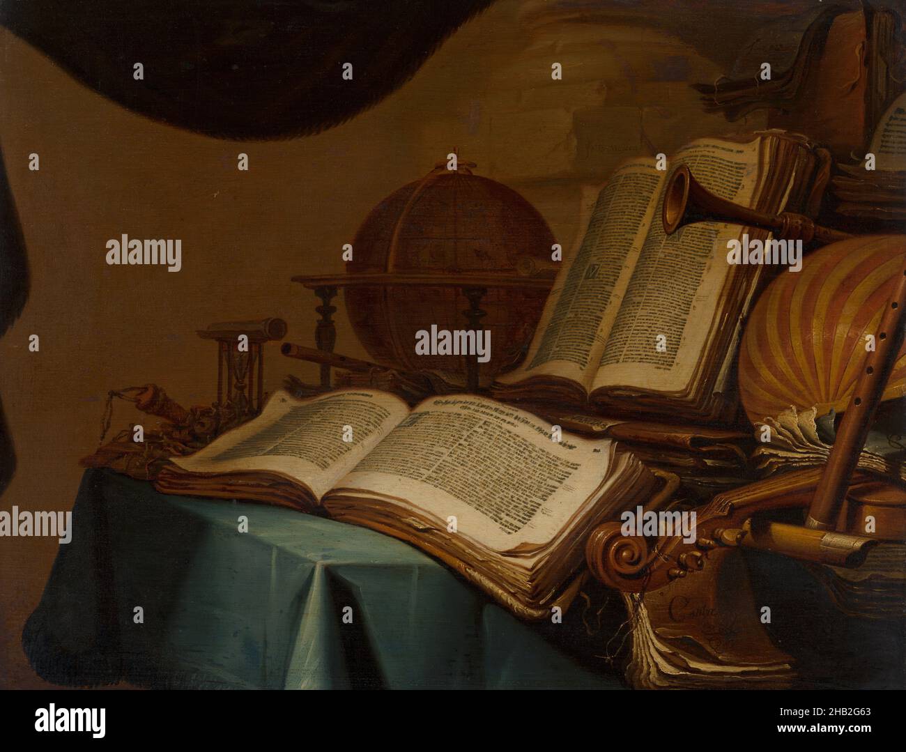 Still life with books, a globe and musical instruments, Jan Vermeulen, c. 1660 Stock Photo Alamy