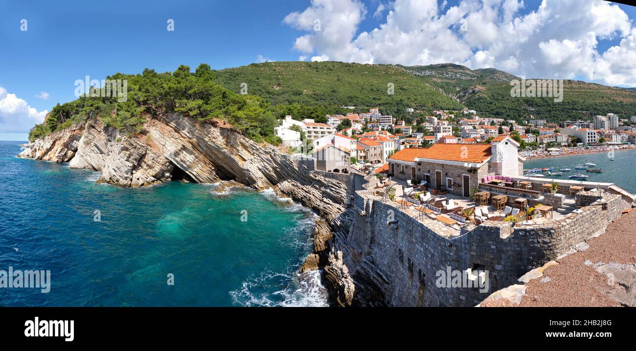 View of the cliffs from Castello fortress in Petrovac. Location: Petrovac town, Montenegro, Balkans, Europe. Stock Photo