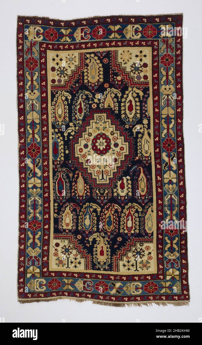 Baku 'Surahani' Carpet with Central Medallion and Boteh on Blue Ground, Transcaucasian, late 19th century, Wool, Made in Baku, Baki, Caucasus, Azerbaijan, Asia, Coverings & hangings, textiles, 67 x 39 in. (170.2 x 99.1 cm Stock Photo