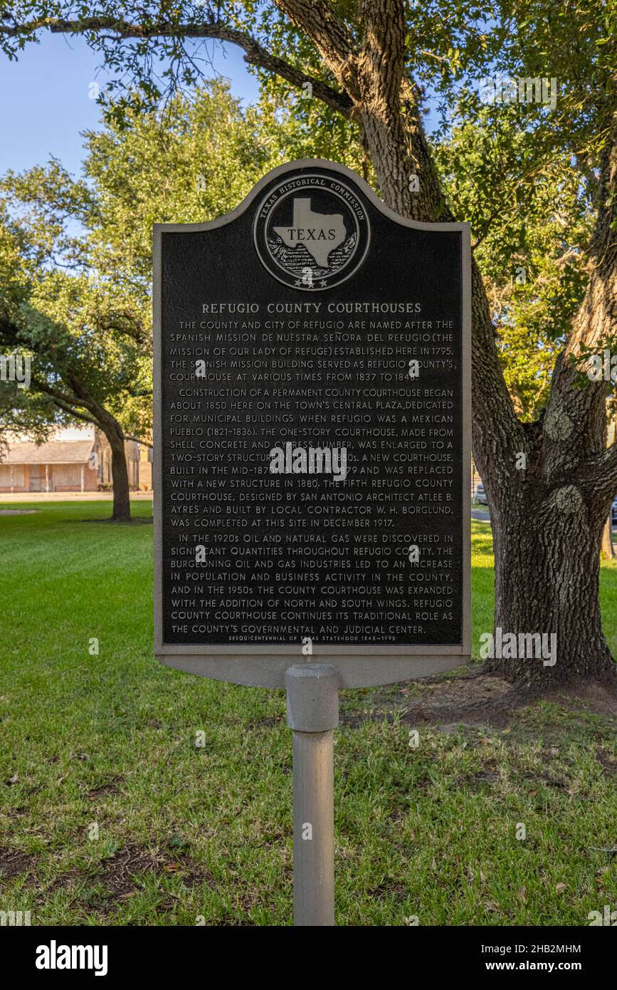 Refugio, Texas, USA September 20, 2021 Plaque telling the history of