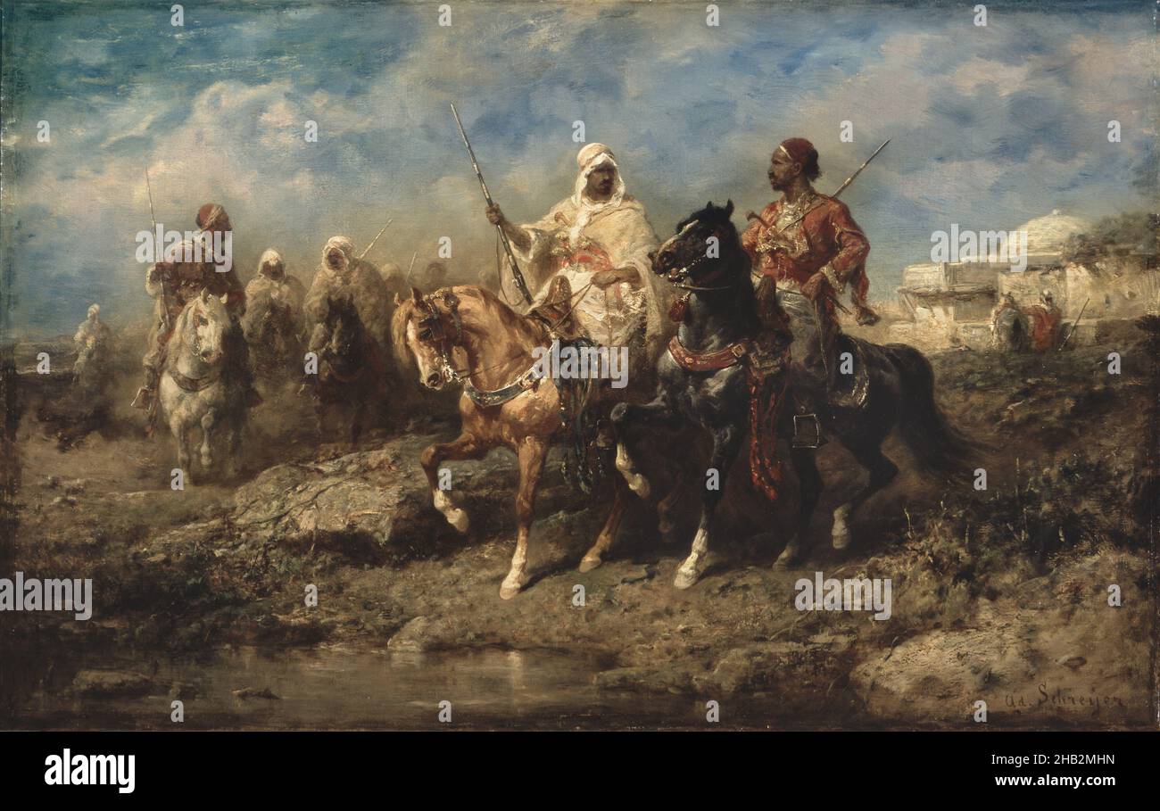 Arabs, Adolf Schreyer, German, 1828–1899, late 19th century, Oil on canvas, Paintings, 21 x 34 in. (53.3 x 86.4 cm Stock Photo