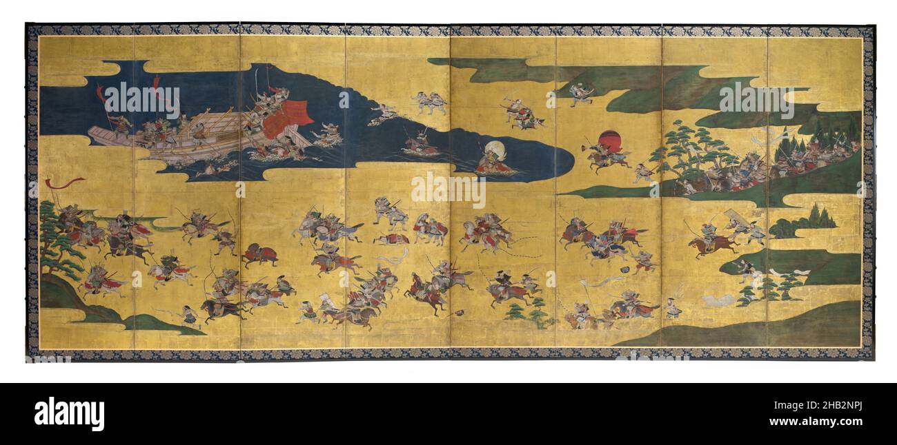 The Battle of Ichi-no-tani, Japanese, Momoyama period, 1573–1615, or Edo period, 1615–1868, early 17th century, Ink, color, and gold on paper, Made in Japan, Asia, Furniture, paintings, 59 7/8 in. × 12 ft. 5 in. (152.1 × 378.5 cm Stock Photo