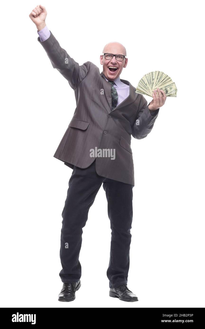 in full growth. happy business man with dollar bills Stock Photo - Alamy