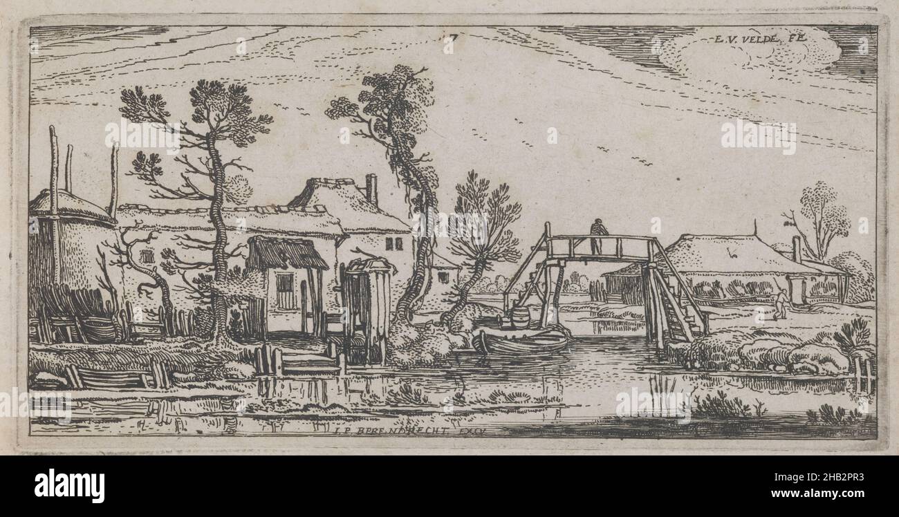 Farm Beyond a Canal, from the series 'Ten Oblong Landscapes', Esaias van de Velde, Dutch, 1587–1630, 1615–16, Etching, Made in Netherlands, Europe, Prints, image: 3 1/4 x 6 3/4 in. (8.3 x 17.1 cm Stock Photo