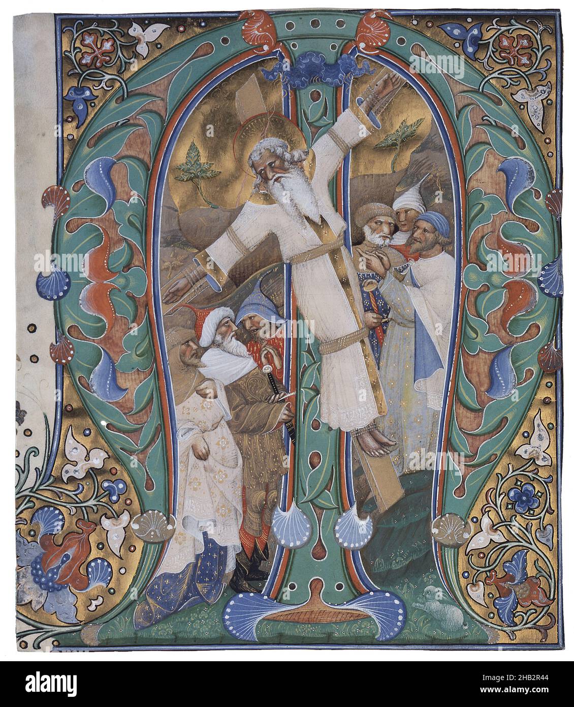 The Crucifixion of St. Andrew, Master of the Murano Gradual, Italian, active mid-15th century, 1440–50, Tempera and gold leaf on parchment, Made in Venice, Veneto, Italy, Europe, Books & manuscripts, 11 9/16 x 9 11/16 in. (29.3 x 24.6 cm Stock Photo