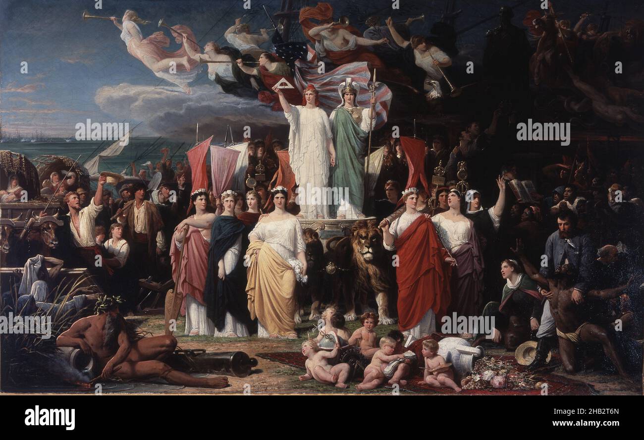 Genius of America, Adolphe Yvon, French, 1817–1893, c. 1858, Oil on canvas, Made in Paris, Île-de-France, Western Europe, France, Europe, Paintings, 35 3/4 x 59 in. (90.8 x 149.9 cm Stock Photo