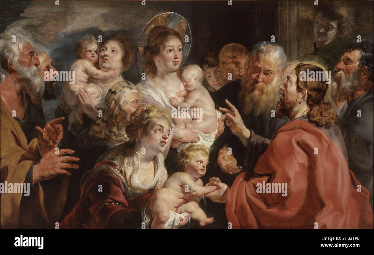 Suffer the Little Children to Come Unto Me, Jacob Jordaens, Flemish, 1593–1678, 1615–16, Oil on panel, Made in Antwerp, Antwerpen province, Belgium, Europe, Paintings, 41 x 66 7/8 in. (104.1 x 169.9 cm Stock Photo