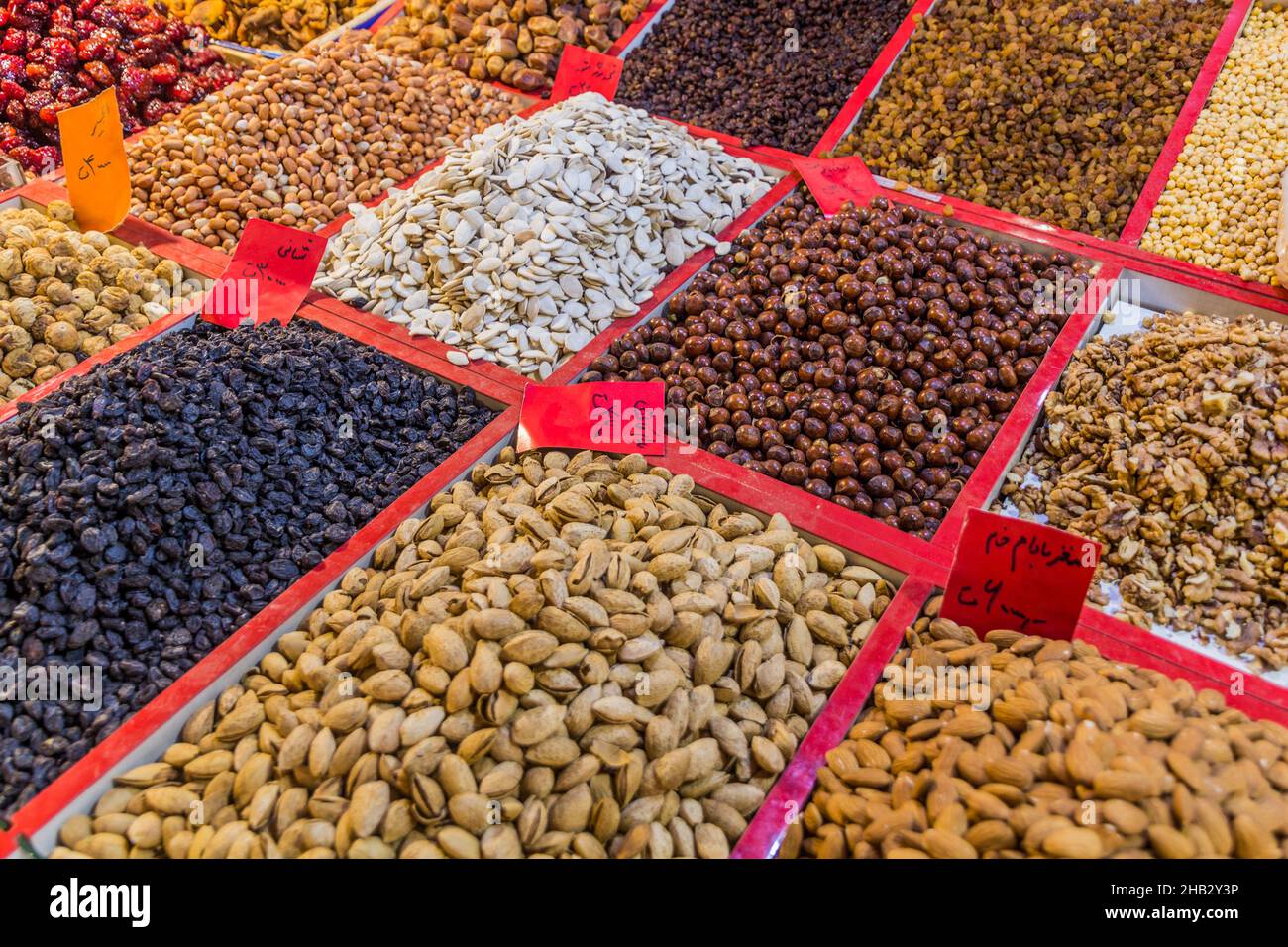 Dried fruit and nuts for sale at the bazaar market in Ardabil, Iran