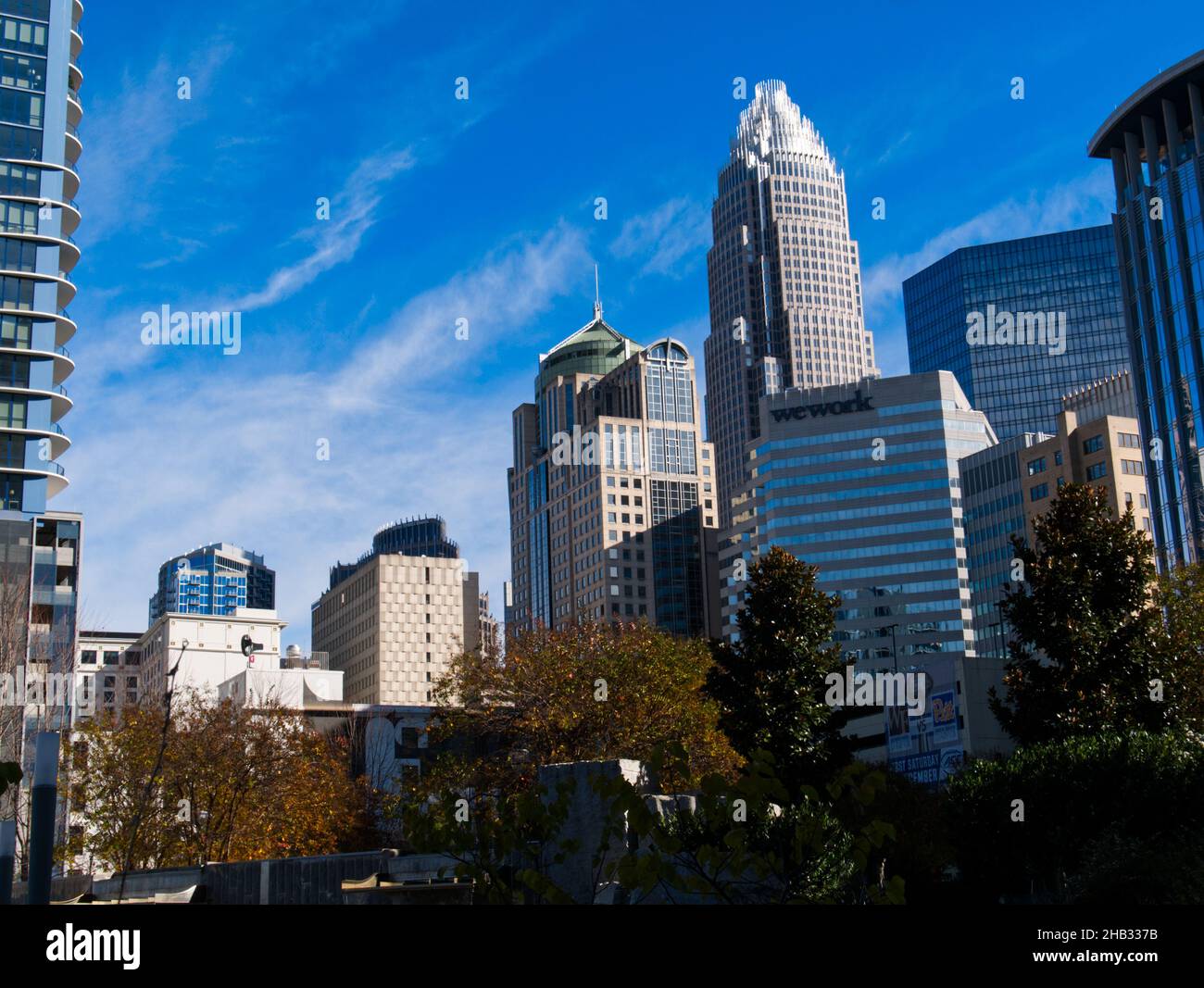 Charlotte downtown skyline from Romare Bearden park. Taken in Charlotte, NC. November 29.2021. Stock Photo