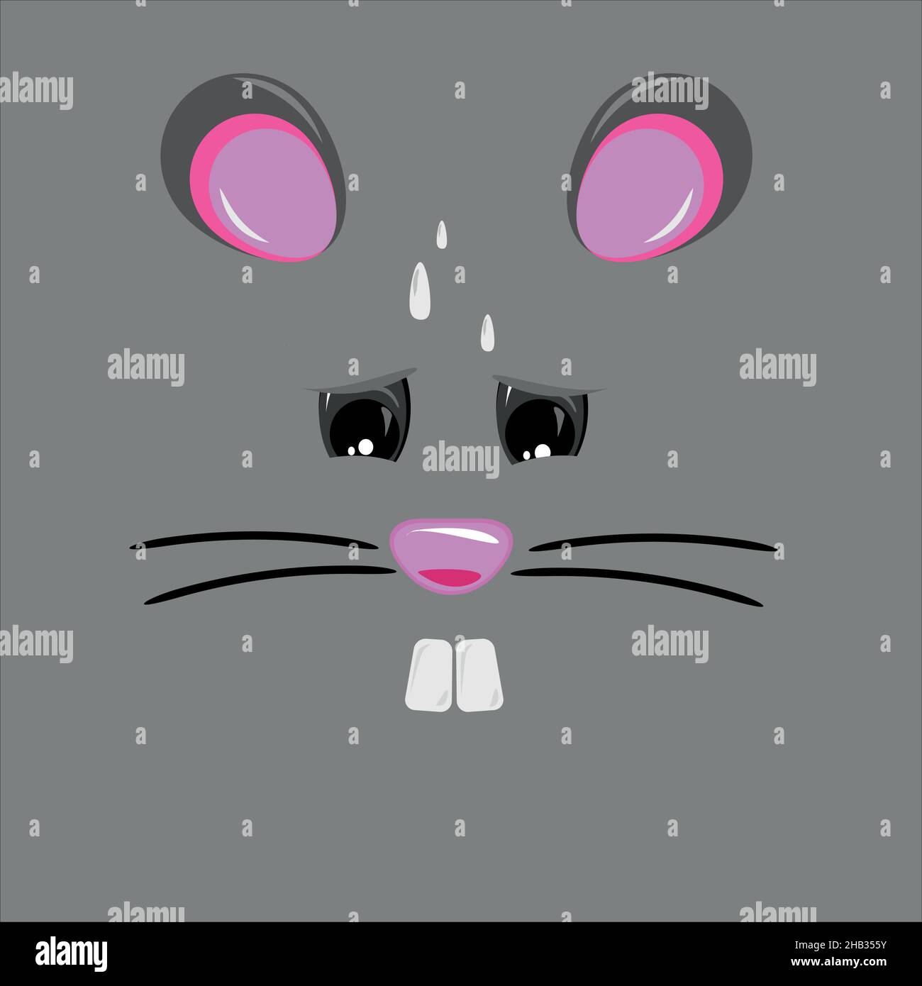 Vector illustration of a sad and overwhelmed mouse on gray background. Cartoon of a crying mouse with whiskers Stock Vector