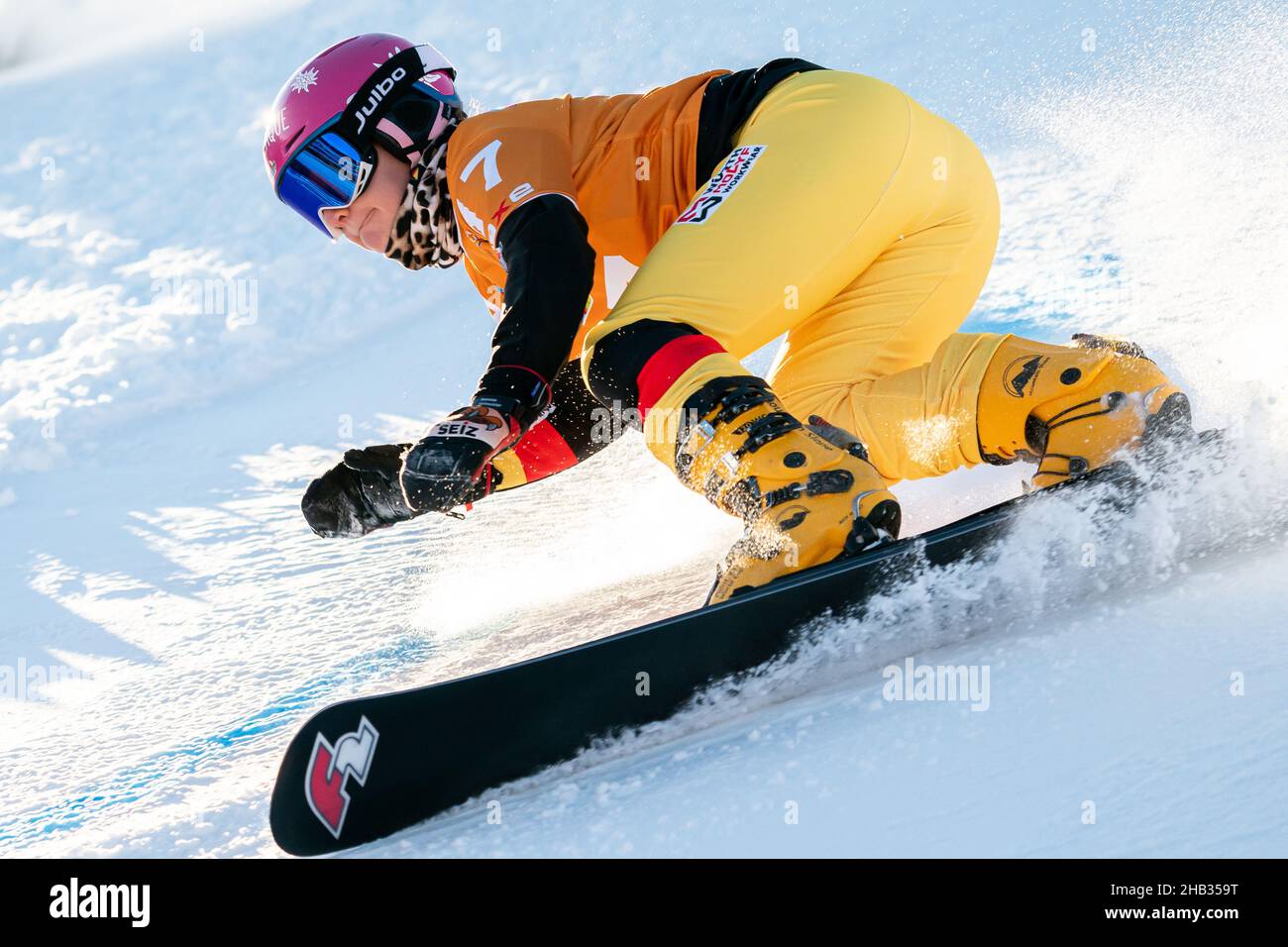 HOFMEISTER Ramona Theresia (GER) competing in the Fis Snowboard World Cup 2022 Womens Parallel Giant Slalom on the Pra Di Tori (Carezza) Course in the dolomite mountain range
