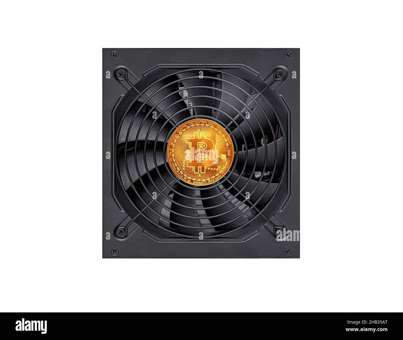 Cryptocurrency mining. Bitcoin coin on a computer graphics card component. Stock Photo