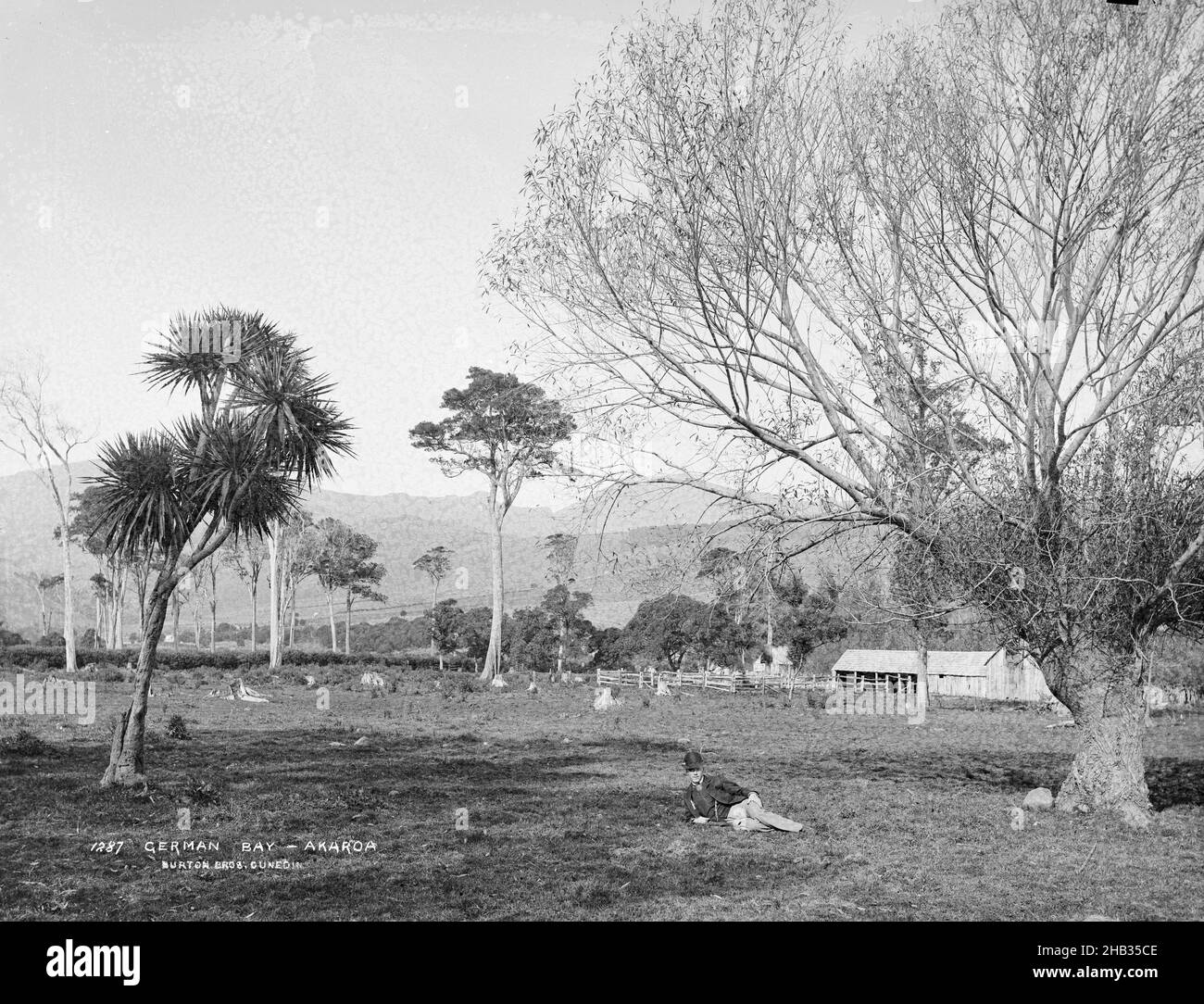 German Bay, Akaroa, Burton Brothers studio, photography studio, New Zealand, gelatin dry plate process, Man wearing a bowler hat lying in a field. There is a farm shed behind him Stock Photo