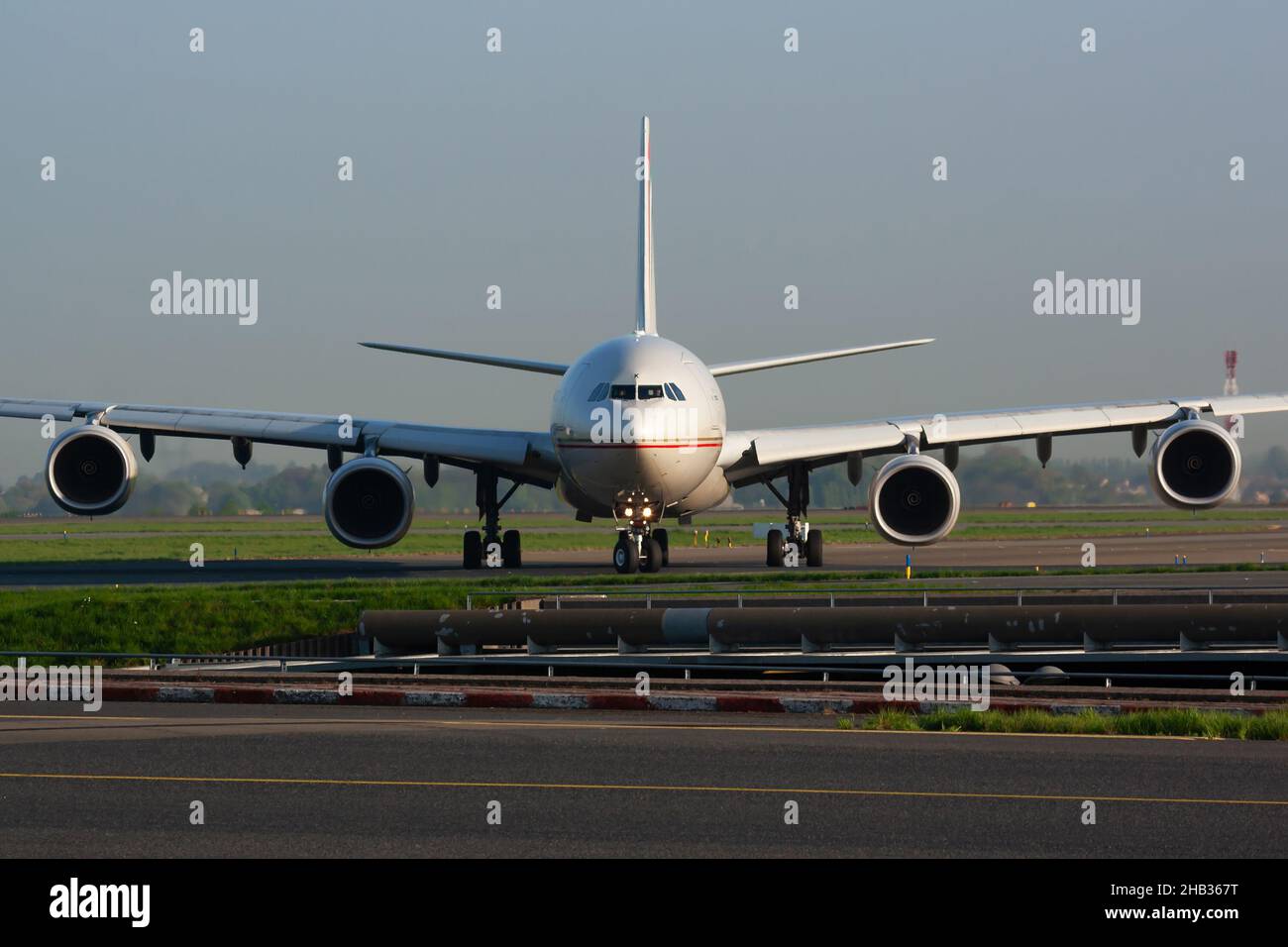 Paris / France - April 24, 2015: Etihad Airways Airbus A340-600 A6-EHK passenger plane arrival and landing at Paris Charles de Gaulle Airport Stock Photo