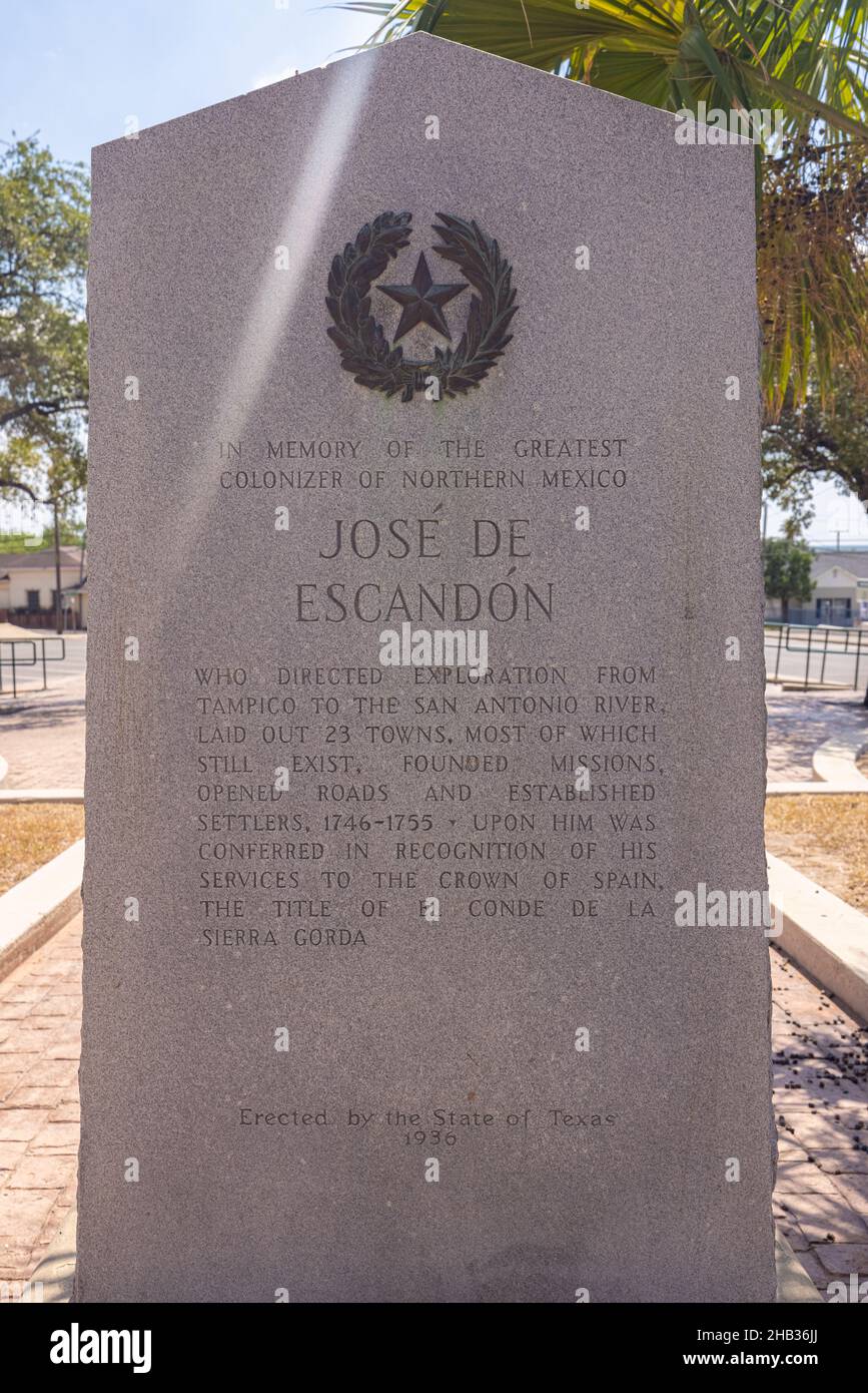 Rio Grande City, Texas, USA - September 11, 2021: Stone in Memory of Jose De Escandon, Explorer and Colonizer Stock Photo