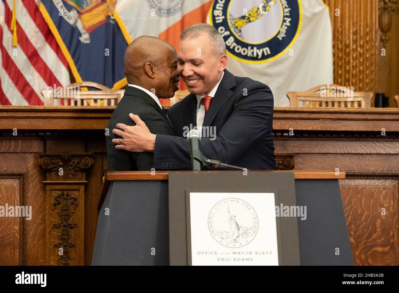 New York, NY - December 16, 2021: Mayor-elect Eric Adams congratulates Louis Molina as his pick for Department of Correction Commissioner at Brooklyn Borough Hall Stock Photo