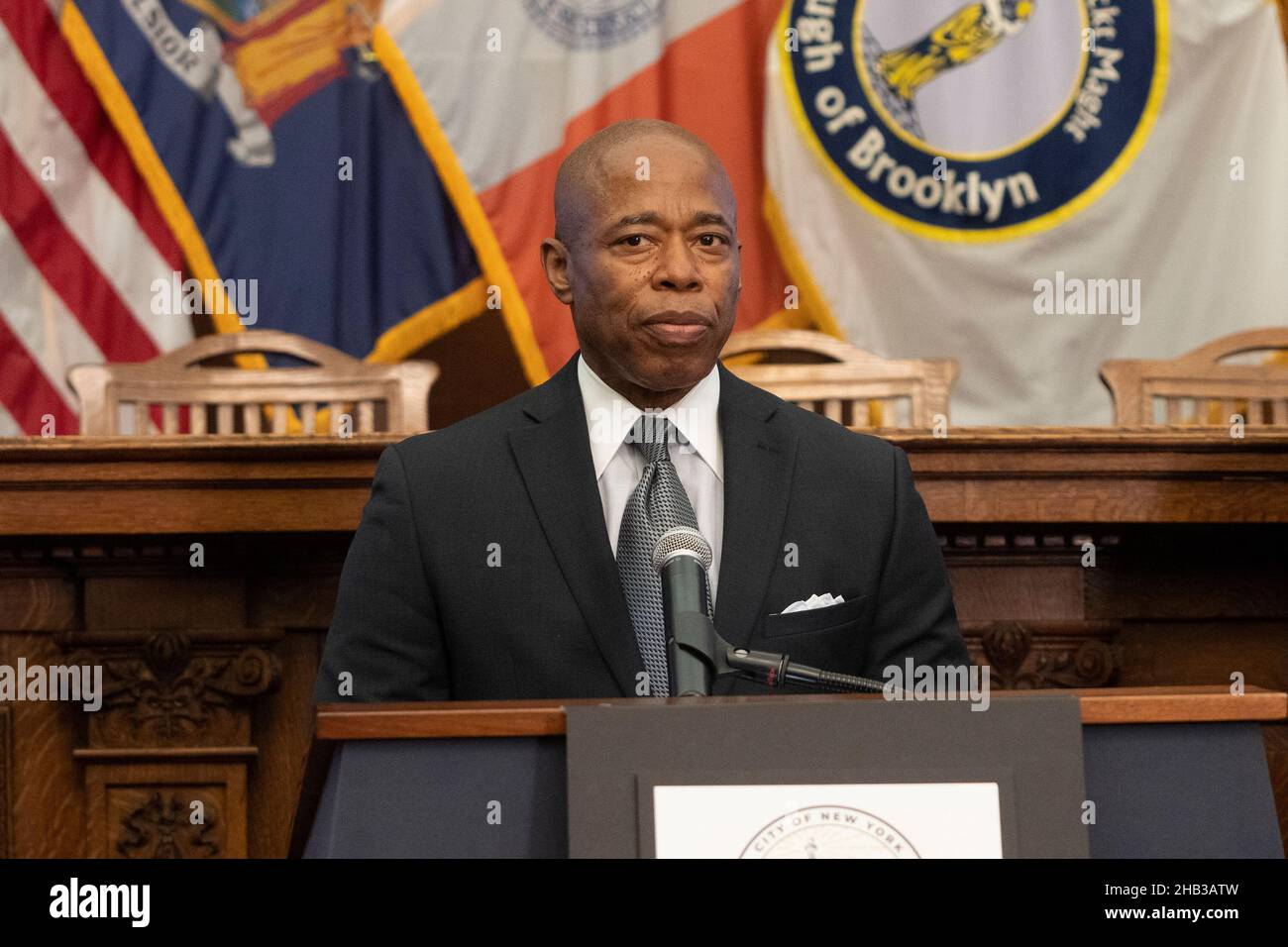 New York, USA. 16th Dec, 2021. Mayor-elect Eric Adams speaks during announcement on his pick for Department of Correction Commissioner at Brooklyn Borough Hall in New York on December 16, 2021. Eric Adams has chosen Louis Molina who is chief of the Las Vegas Department of Public Safety. (Photo by Lev Radin/Sipa USA) Credit: Sipa USA/Alamy Live News Stock Photo